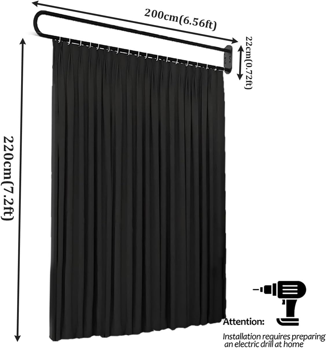 U-Shape Room Divider Privacy Partition Curtains Metal Support Wall Mounted Curtains for Fitting Room Beauty Salon Bedroom Hospital SPA (7.2ft Black)