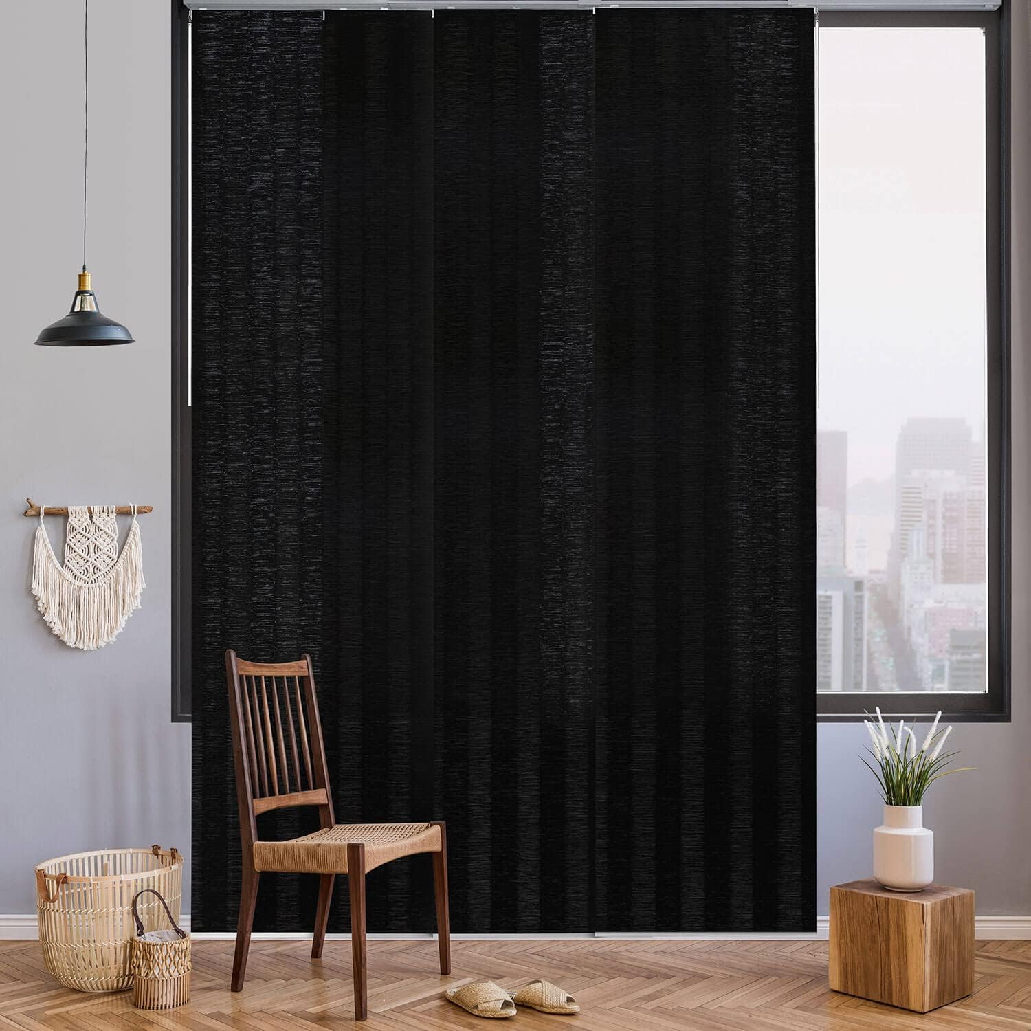 GoDear Design Adjustable Sliding Panel Hanging Room Dividers 45.8"- 86" W x 96" H, Extendable Vertical Blinds for Sliding Glass Doors, Closet Door Blinds Trimmable Fabric Panel Curtain Shades, Airo