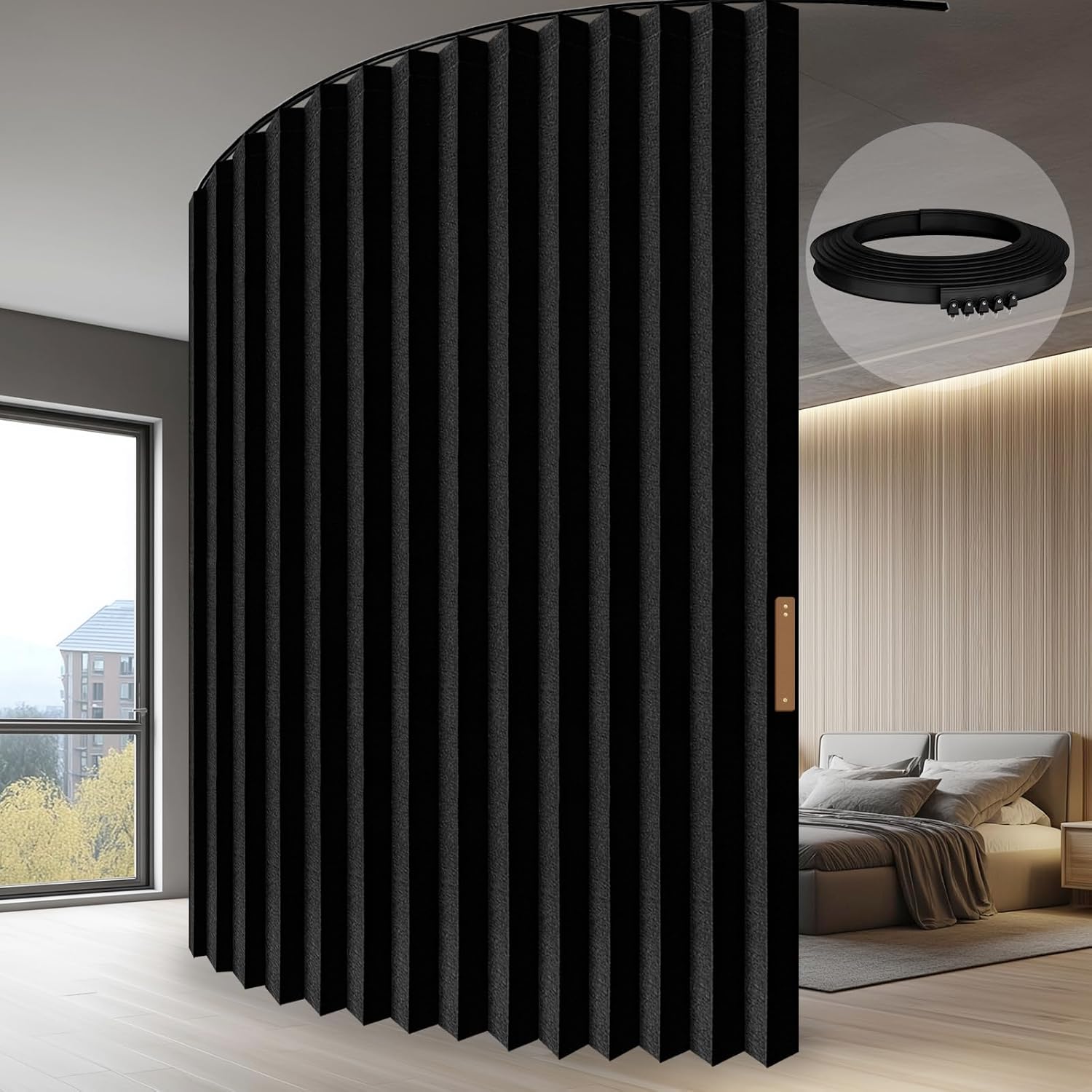 Accordion Folding Room Partition with Ceiling Track - Retractable Room Divider Curtain, Effortless Setup(Beige 100" W x 84" L-Pack of 1)