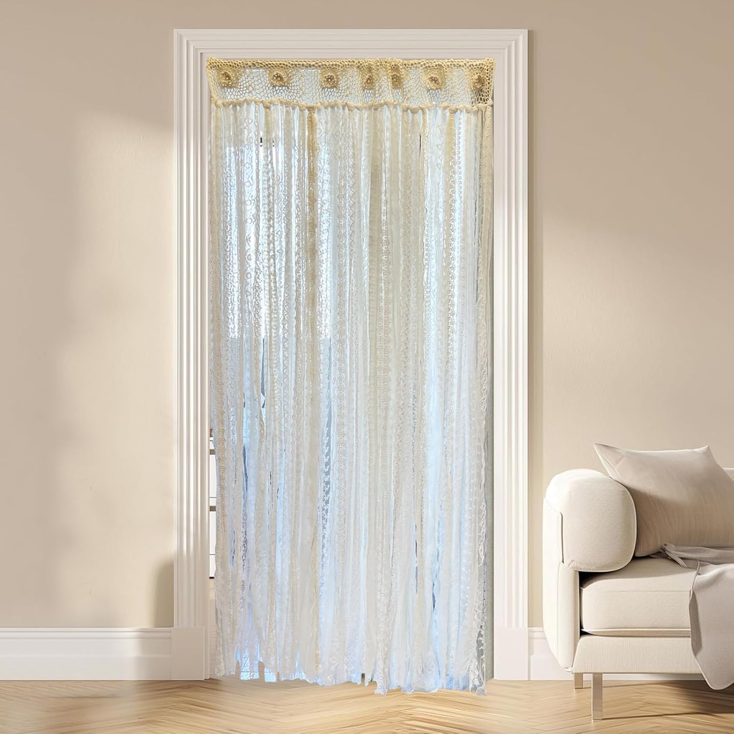 Lace Closet Curtain for Open Closet Boho Macrame Cotton Doorway Curtain Privacy Room Divider Curtain for Bedroom Kitchen Bathroom Wedding Backdrop Wall Hanging Bohemian Decor 40" W x 72" L Cream