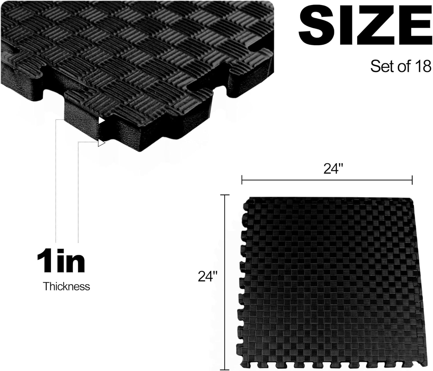 Elevon Puzzle Exercise Gym Flooring Mat, 1" Thick EVA Interlocking Foam Tiles Workout Mat for Home Gym, Fitness Equipment, MMA, Gymnastics, 18 Tiles Shock-Absorbing Exercise Mat, Black (72 Sq Ft)