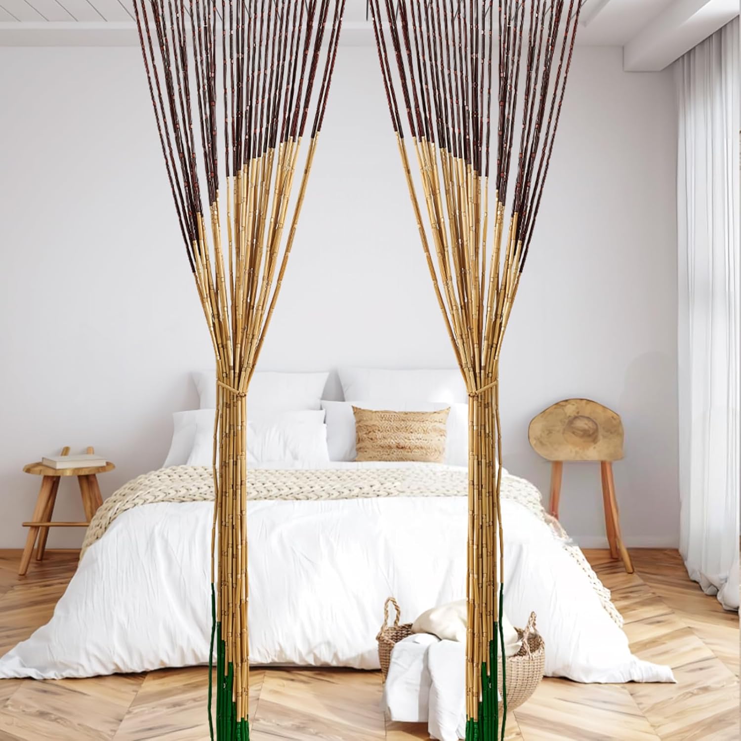 Handmade Bamboo Beaded Curtain for Doorways 65 Strands 35.5" x 75" Boho Door Curtains Window Hanging Room Divider Partition for Home Decoration