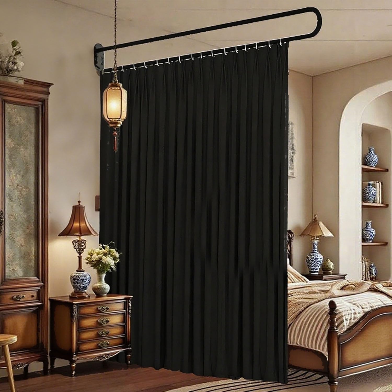 U-Shape Room Divider Privacy Partition Curtains Metal Support Wall Mounted Curtains for Fitting Room Beauty Salon Bedroom Hospital SPA (7.2ft Black)