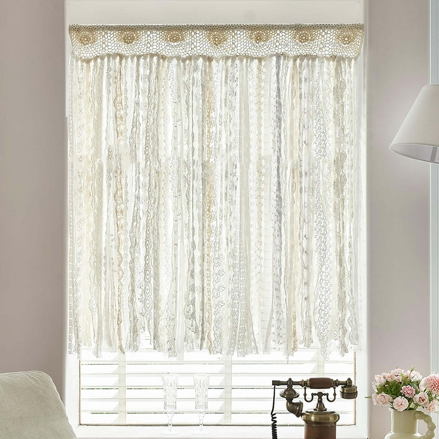 Lace Closet Curtain for Open Closet Boho Macrame Cotton Doorway Curtain Privacy Room Divider Curtain for Bedroom Kitchen Bathroom Wedding Backdrop Wall Hanging Bohemian Decor 40" W x 72" L Cream
