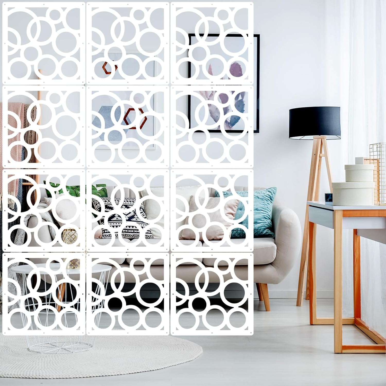 ANMINY 48 PCS Hanging Room Divider Decorative Thick Wall Screen Panels Floral Carving Pattern Hollow Out Design for Bedroom Living Dining Room Kitchen Office Restaurant Home Hotel Decor - White Maze