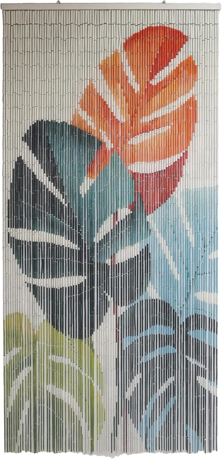Tropical Leaves Curtain Wall Art, Decorative Room Divider, Natural Vietnamese Craft, Indoor Hanging Bamboo Blinds, Sturdy Hook, Easy to Clean, 35.43 x 78.74 Inches
