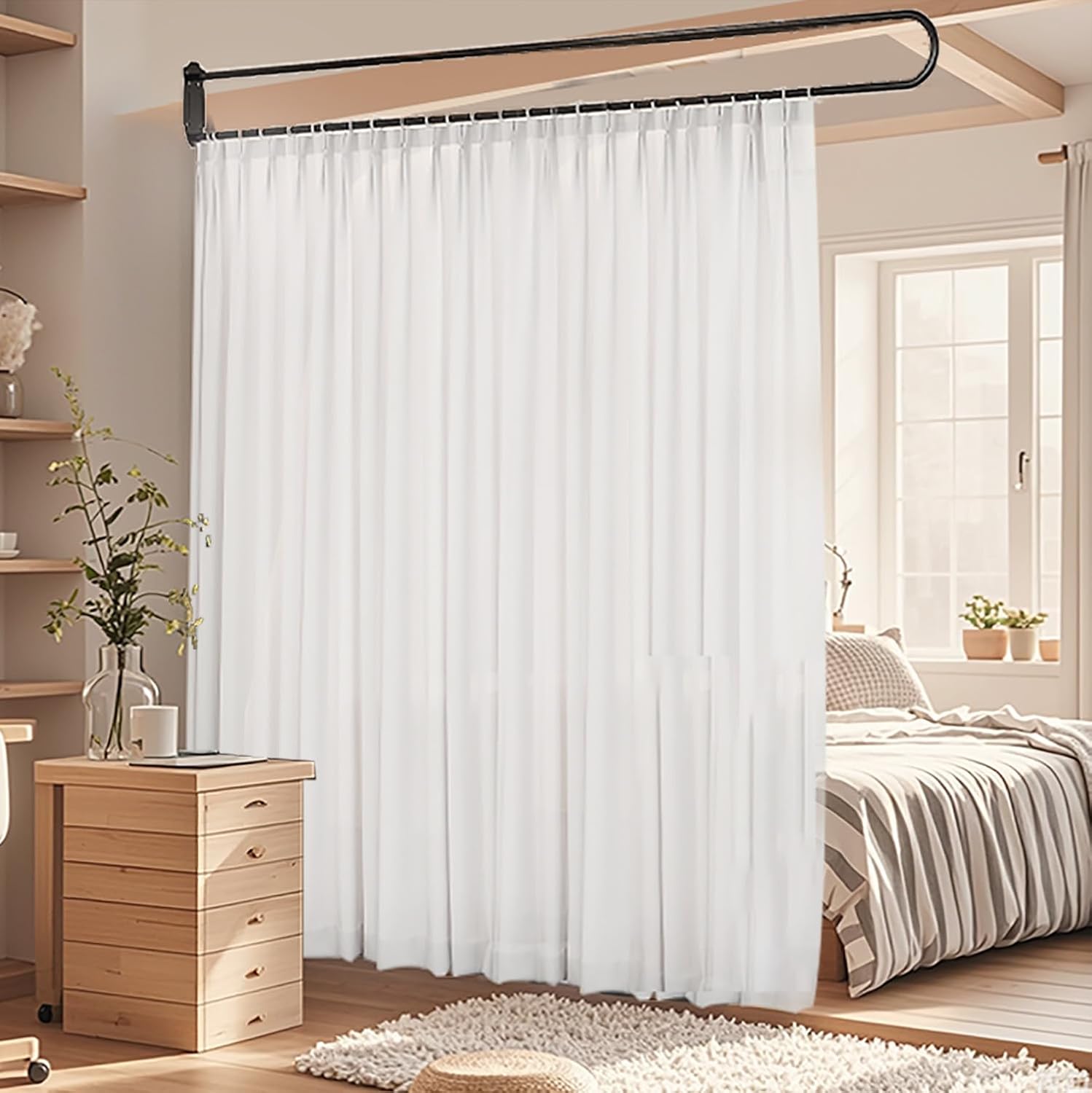U-Shape Room Divider Privacy Partition Curtains Metal Support Wall Mounted Curtains for Fitting Room Beauty Salon Bedroom Hospital SPA (7.2ft Black)