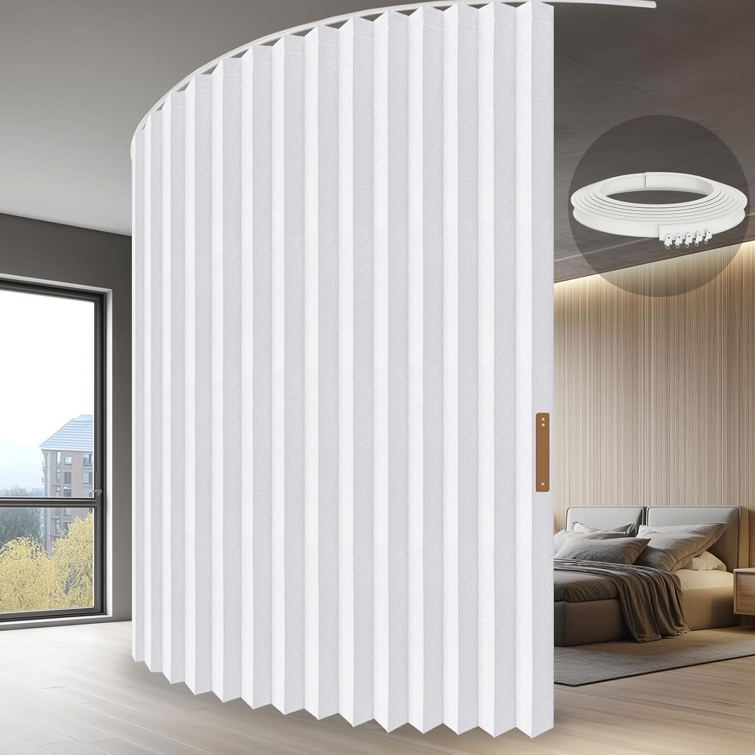Accordion Folding Room Partition with Ceiling Track - Retractable Room Divider Curtain, Effortless Setup(Beige 100" W x 84" L-Pack of 1)