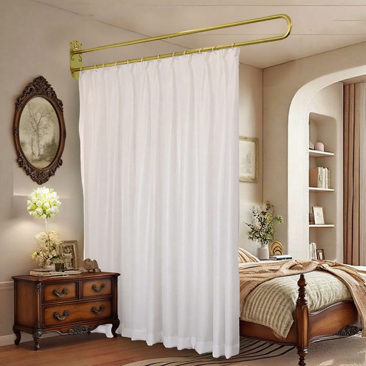 U-Shape Room Divider Privacy Partition Curtains Metal Support Wall Mounted Curtains for Fitting Room Beauty Salon Bedroom Hospital SPA (7.2ft Black)