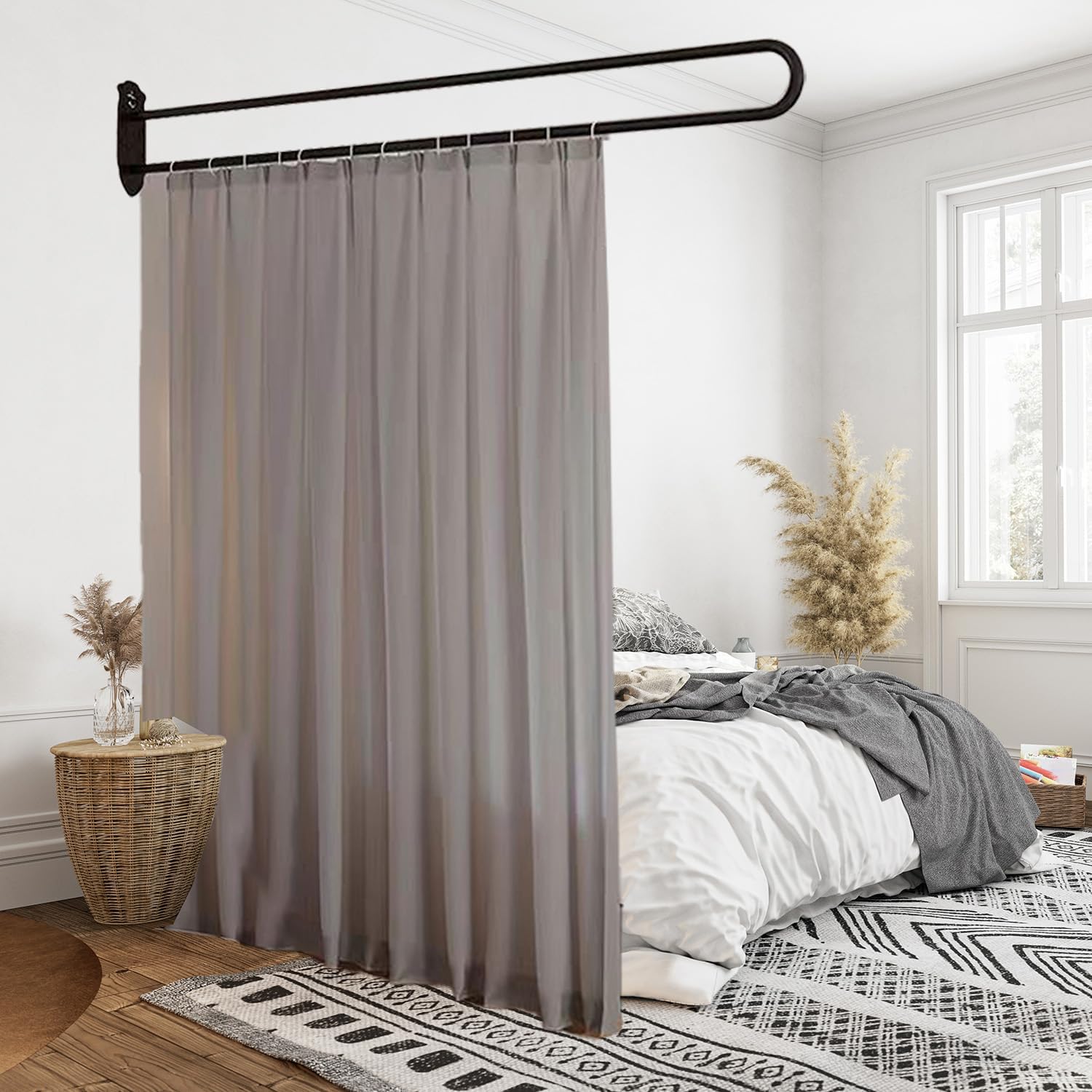 U-Shape Room Divider Privacy Partition Curtains Metal Support Wall Mounted Curtains for Fitting Room Beauty Salon Bedroom Hospital SPA (7.2ft Black)