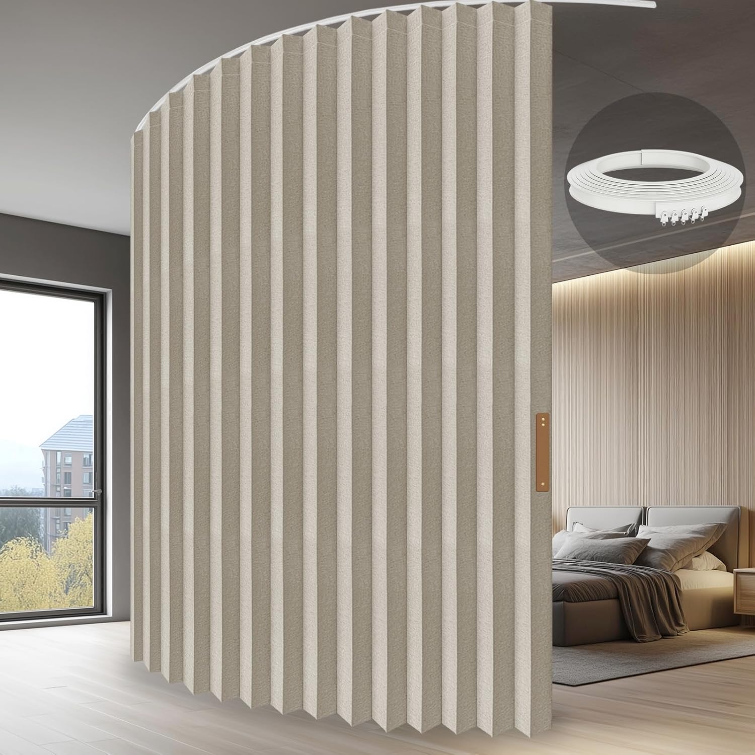 Accordion Folding Room Partition with Ceiling Track - Retractable Room Divider Curtain, Effortless Setup(Beige 100" W x 84" L-Pack of 1)