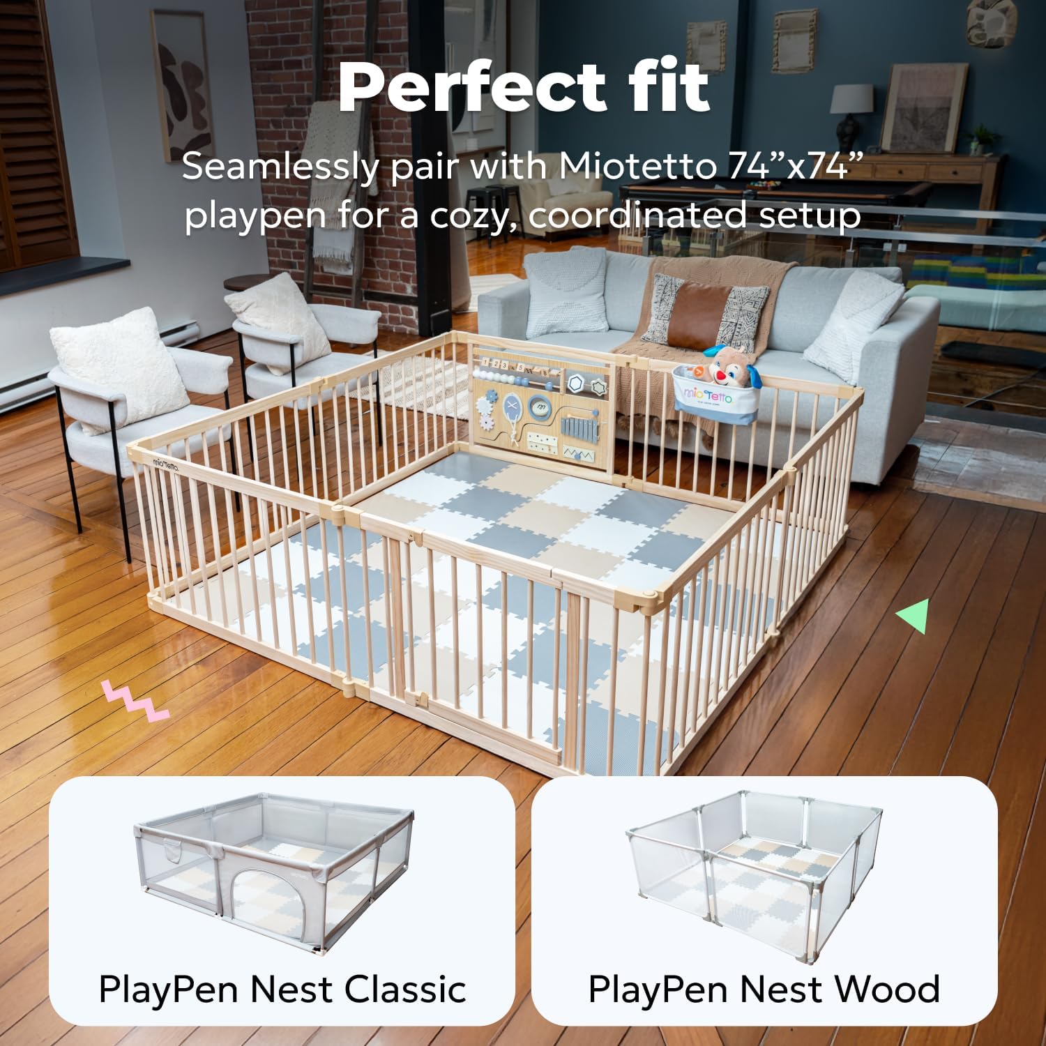 MioTetto Baby Play Mat, Soft Foam Floor Tiles for Kids. Adjustable Interlocking Foam Tiles, Fits with 74x74 Playpen Baby mat for Crawling & Development, Safe & Non-Toxic Playmat for Babies 6-12 Months