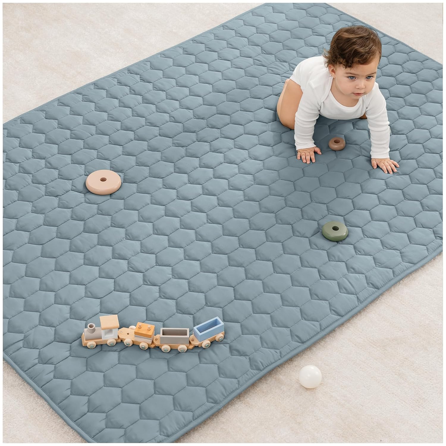 Comfy Cubs Square Kids Play Mat - 56 x 56 inches Soft Quilted Baby Floor Mat with Non-Slip Bottom - Plush Design for Toddlers' Playtime and Relaxation - Comfortable and Durable - Fern