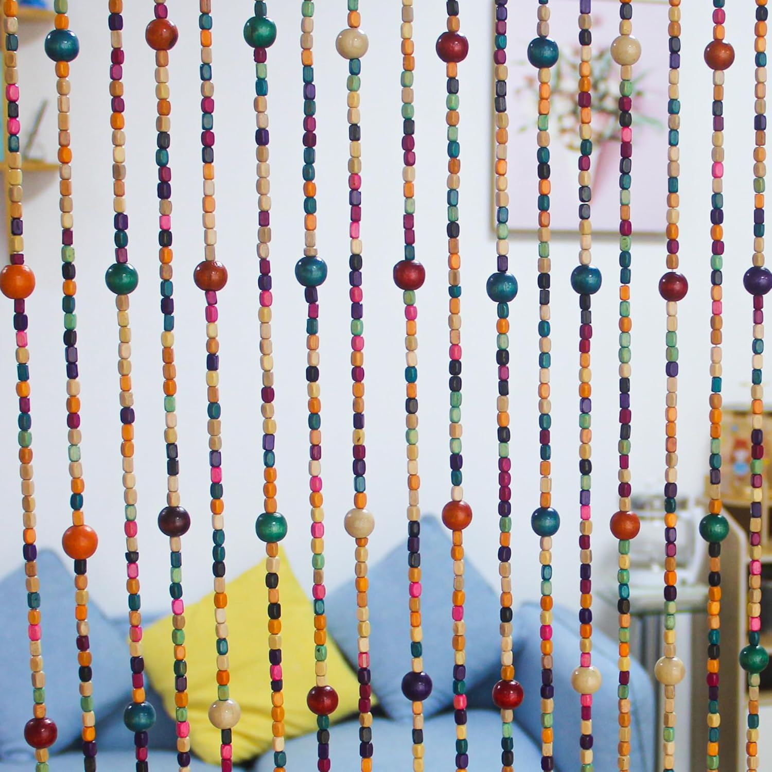 38 Strands Colorful Boho Hippie Door Beads Curtain, Hanging Wood Beaded Curtain for Doorways 36 Inches x 79 Inches (Rainbow)