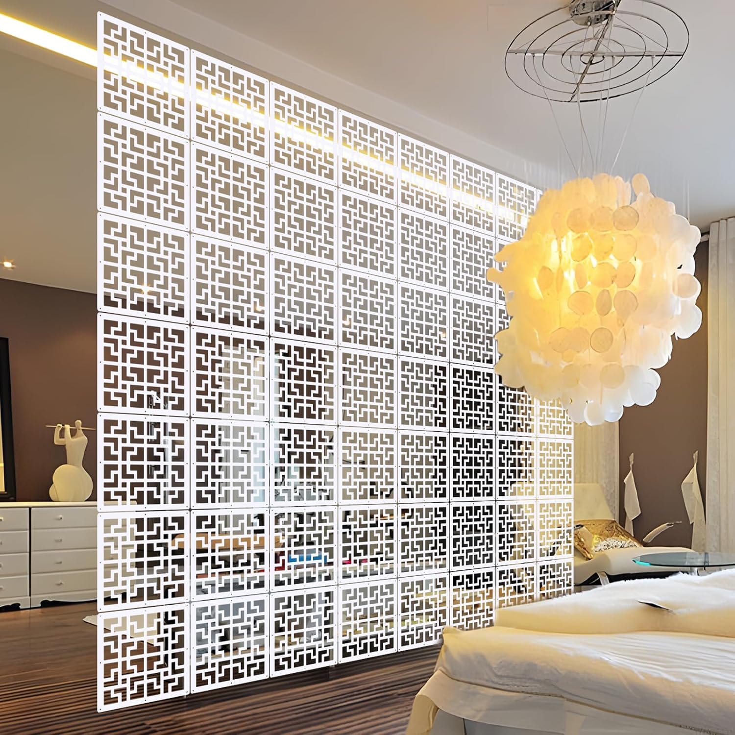 ANMINY 48 PCS Hanging Room Divider Decorative Thick Wall Screen Panels Floral Carving Pattern Hollow Out Design for Bedroom Living Dining Room Kitchen Office Restaurant Home Hotel Decor - White Maze
