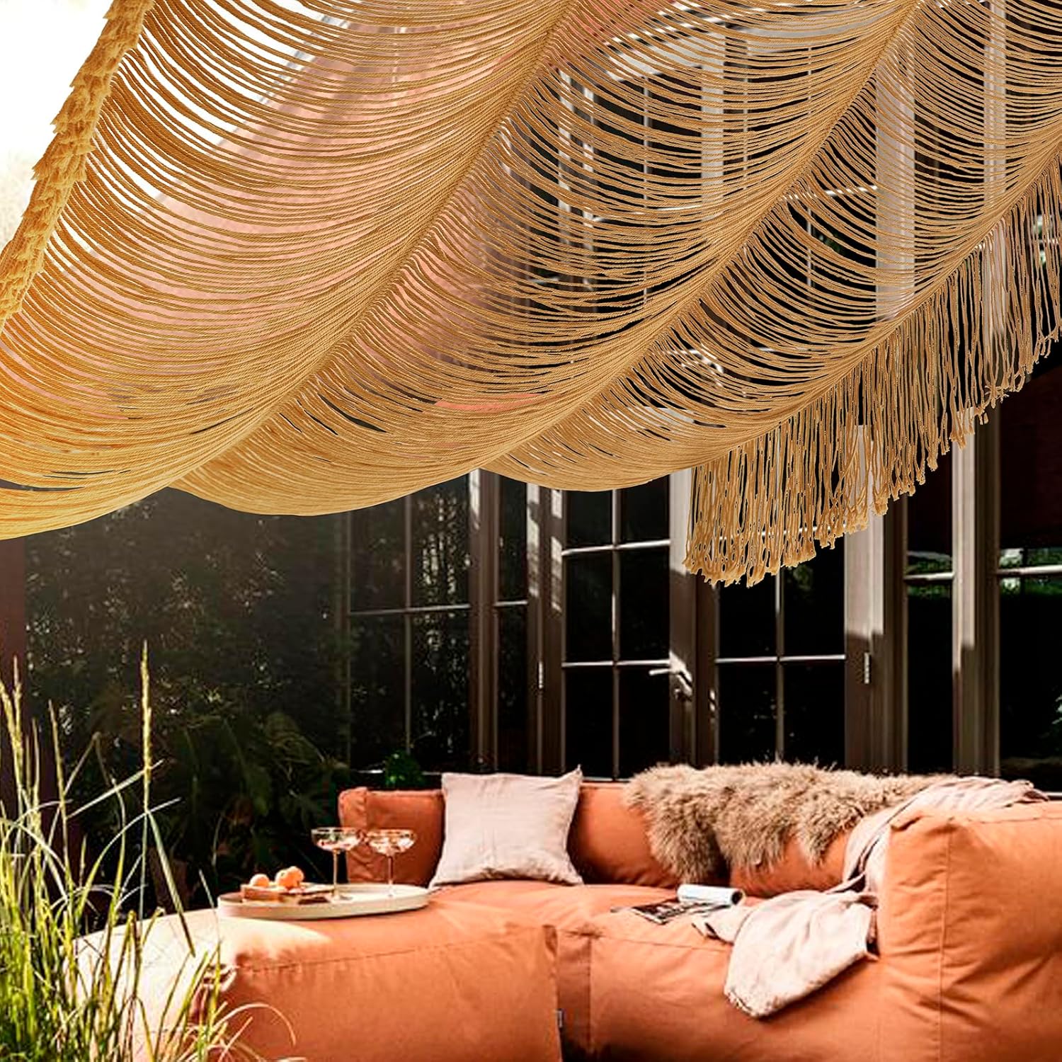 Macrame Curtain Boho Curtain Doorway Window Wall Decor Fiber Yarn Art Handwoven Wall Hanging Art Craftsmanship Home Door Bedroom Wedding Backdrop Arch,Closet Room Divider 59" W x 75" H (1 Panel,Khaki)