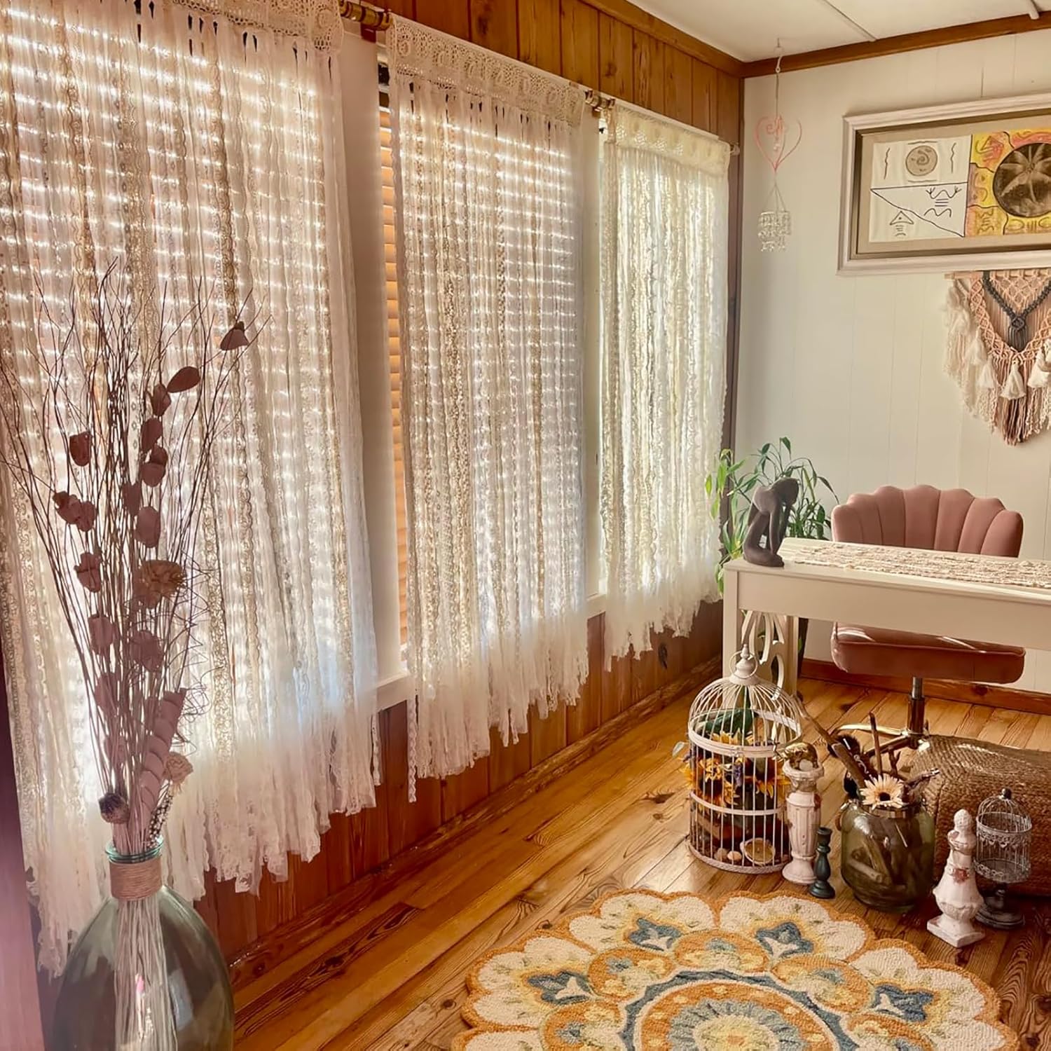 Lace Closet Curtain for Open Closet Boho Macrame Cotton Doorway Curtain Privacy Room Divider Curtain for Bedroom Kitchen Bathroom Wedding Backdrop Wall Hanging Bohemian Decor 40" W x 72" L Cream