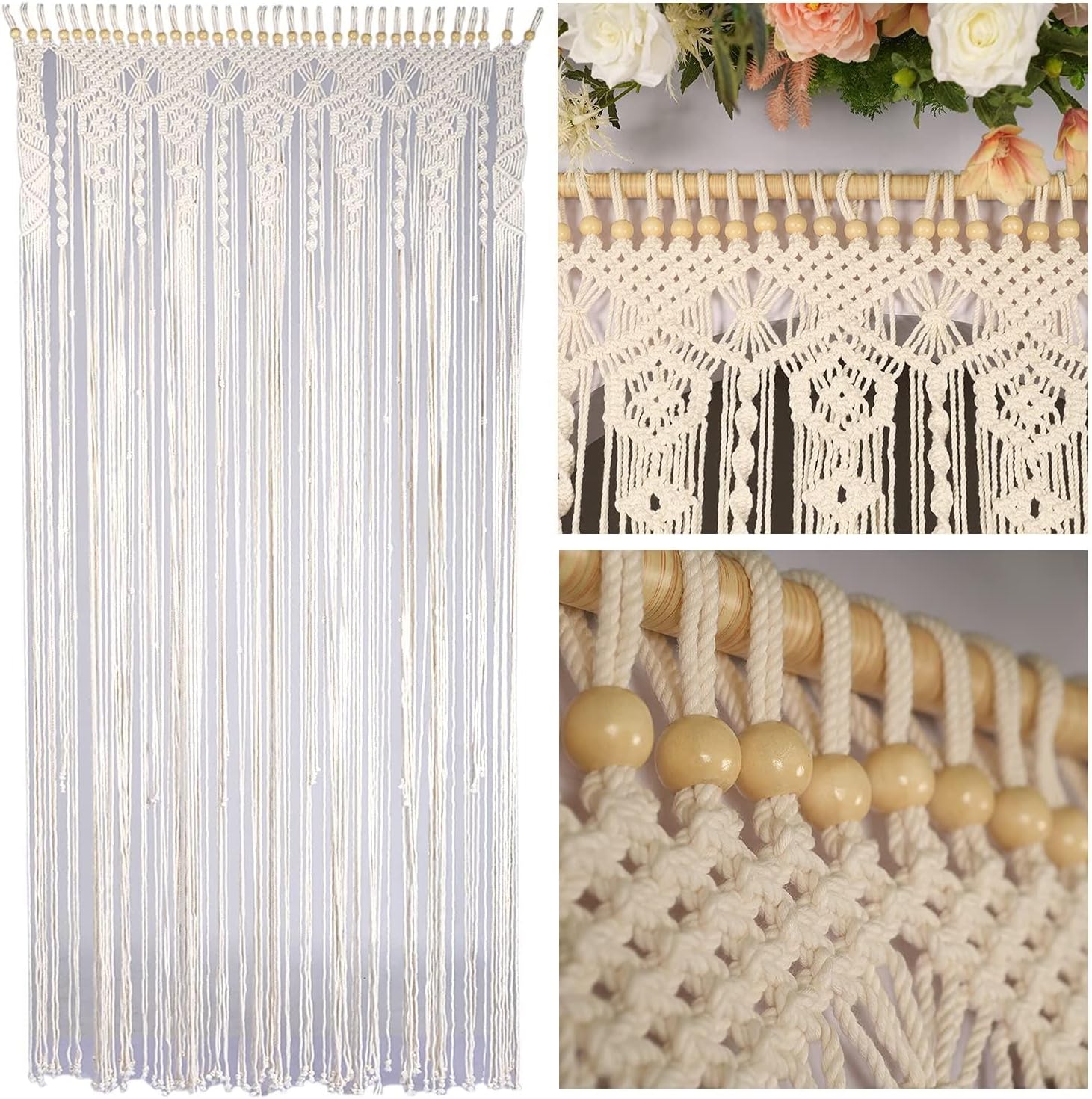 Macrame Curtains Boho, Beaded Curtains For Doorways, Macrame Wall Hanging, Bead Doorway Curtain, Boho Backdrop, Hanging Beads For Doorways, Beaded Doorway Curtain L77" X W35" (Gold)