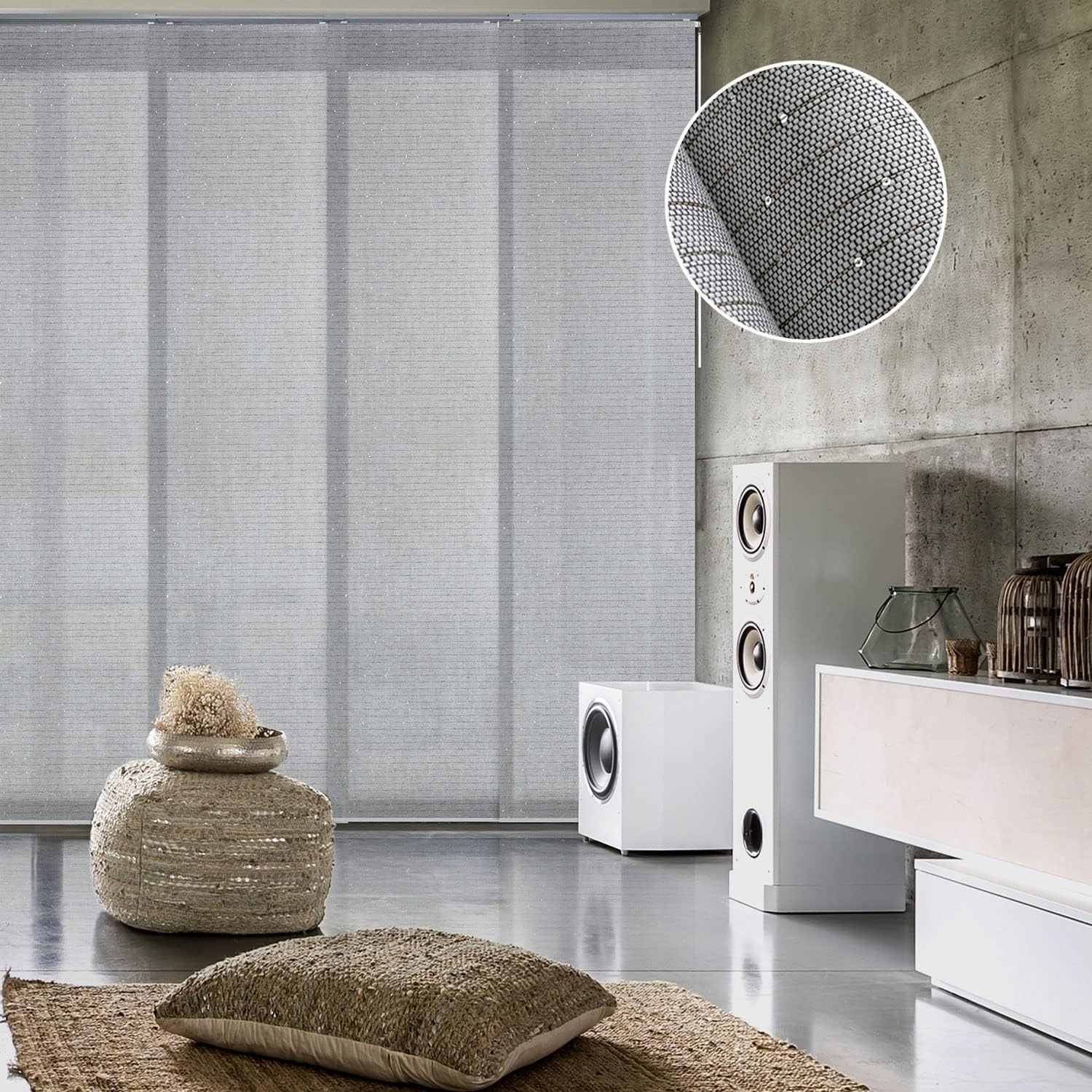 GoDear Design Adjustable Sliding Panel Track Blinds, Vertical Blinds, Room Dividers Walls, Closet Doors, Extendable Track from 45.8" to 86" W, Trimmable Panel Curtains Up to 96" H, Mica