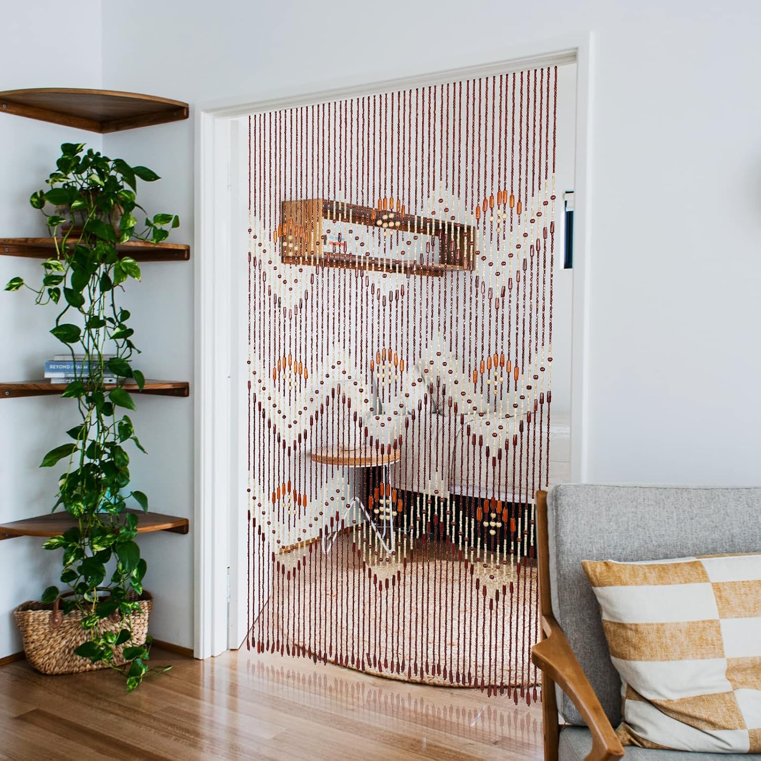 Boho Bamboo Beaded Curtain 35.5 x 75 Inches 52 Strands Handmade Hanging Wooden Door Beads Hippie Curtains Room Divider for Doorway Window Home Decor, Brown
