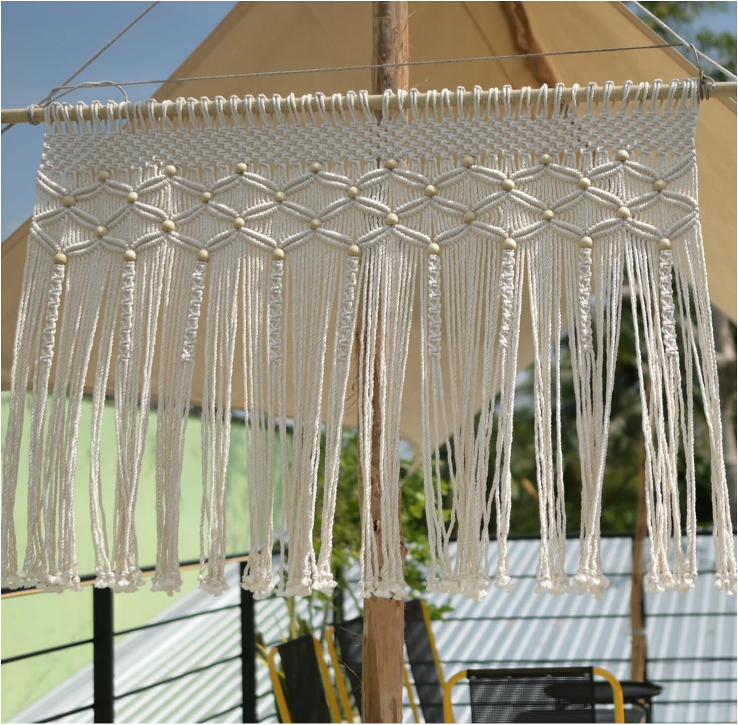 Beige Macrame Doorway Curtains Handmade Boho Doorway Curtain Bedroom 37" W * 77" L, Boho Curtains Macrame Wall Hanging - Beaded Curtains for Doorways