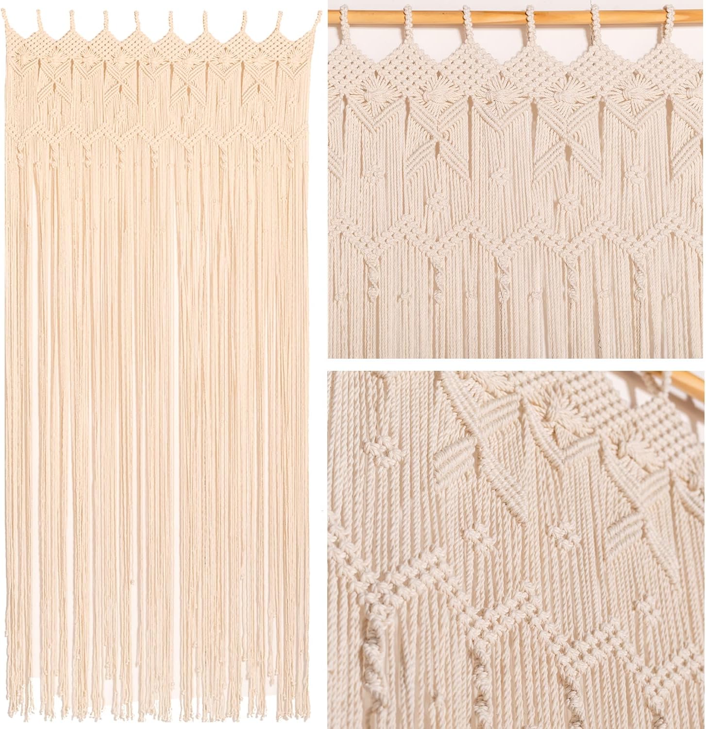 Beige Macrame Doorway Curtains Handmade Boho Doorway Curtain Bedroom 37" W * 77" L, Boho Curtains Macrame Wall Hanging - Beaded Curtains for Doorways