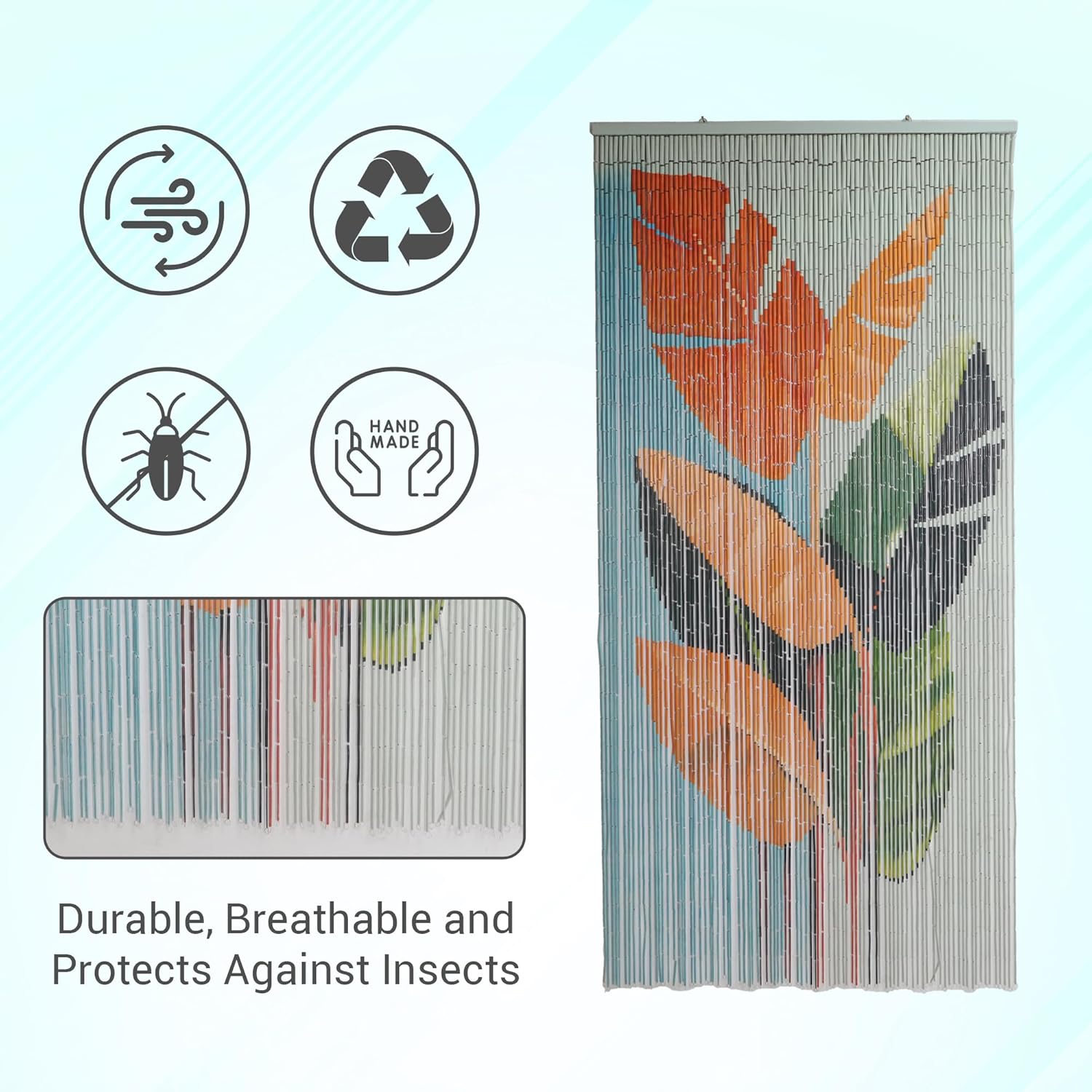 Tropical Leaves Curtain Wall Art, Decorative Room Divider, Natural Vietnamese Craft, Indoor Hanging Bamboo Blinds, Sturdy Hook, Easy to Clean, 35.43 x 78.74 Inches