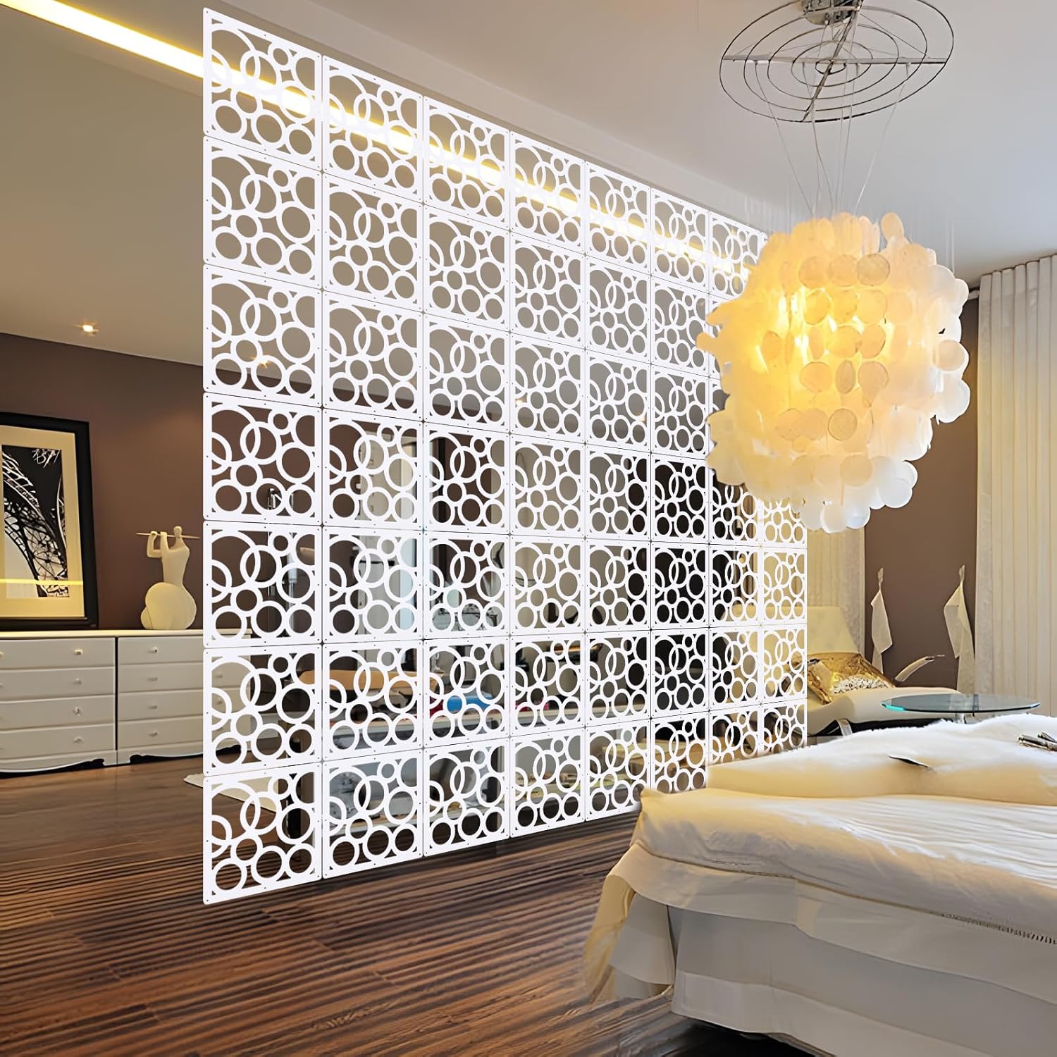 ANMINY 48 PCS Hanging Room Divider Decorative Thick Wall Screen Panels Floral Carving Pattern Hollow Out Design for Bedroom Living Dining Room Kitchen Office Restaurant Home Hotel Decor - White Maze