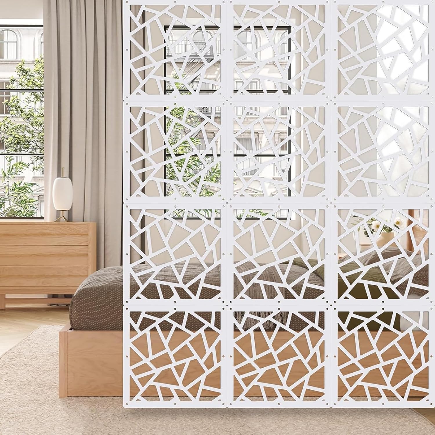 Hanging Room Divider Panel, Hanging Wall Divider Room Partition 28 Pieces Wood-Plastic Panel Screen Home Office Decoration(Natural)