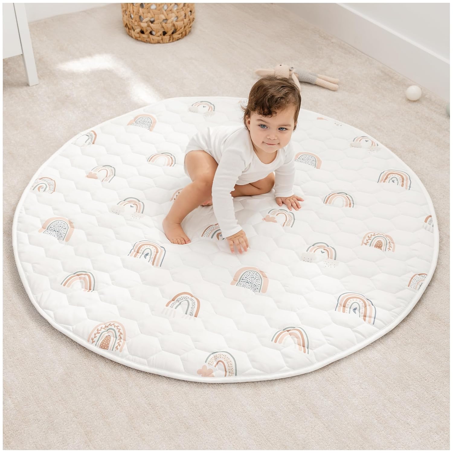 Comfy Cubs Square Kids Play Mat - 56 x 56 inches Soft Quilted Baby Floor Mat with Non-Slip Bottom - Plush Design for Toddlers' Playtime and Relaxation - Comfortable and Durable - Fern