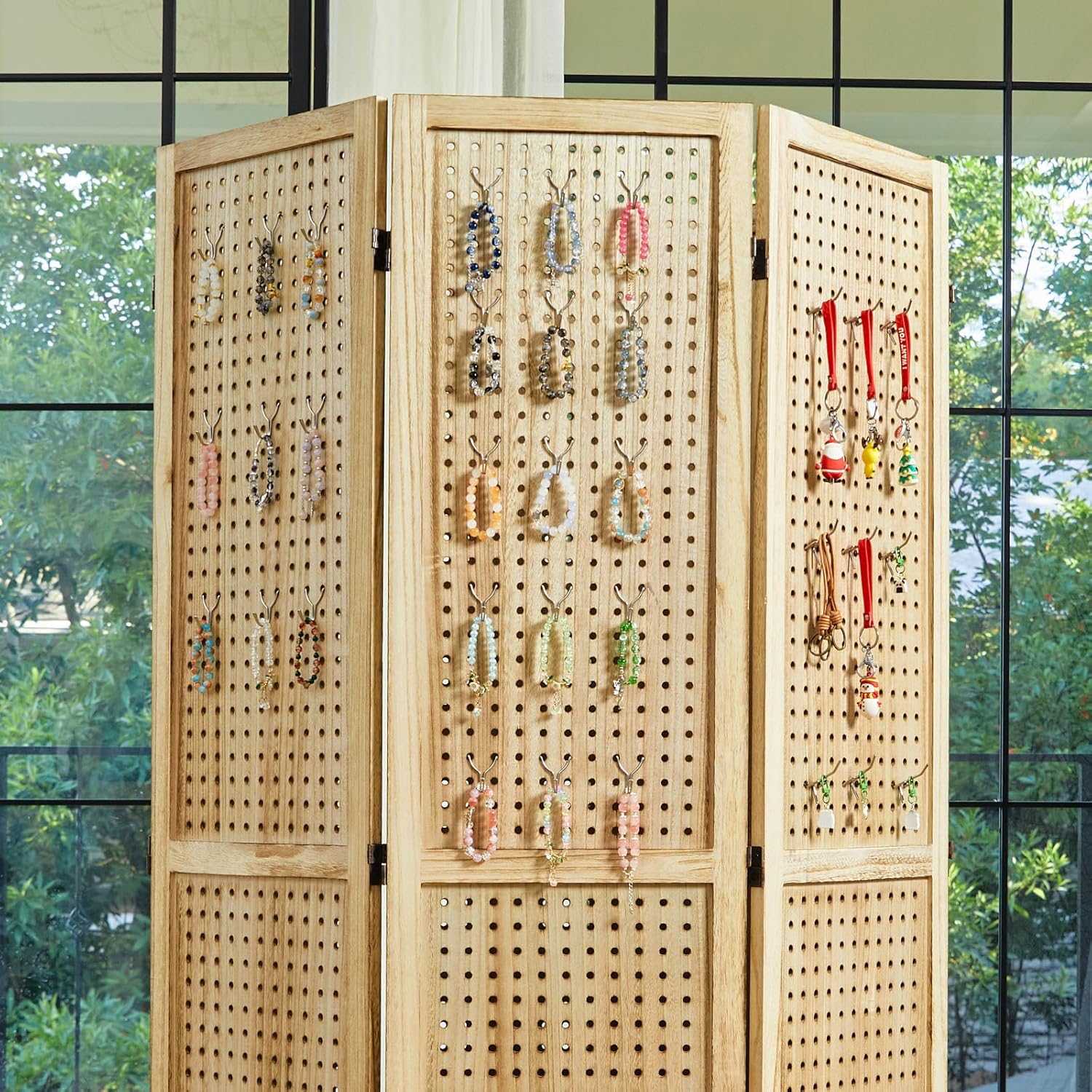 Pegboard Display, 5.6Ft Portable Freestanding Wall Organizer Wooden Room Divider Folding Privacy Screens for Craft Art Display Board (6panels, Natural)