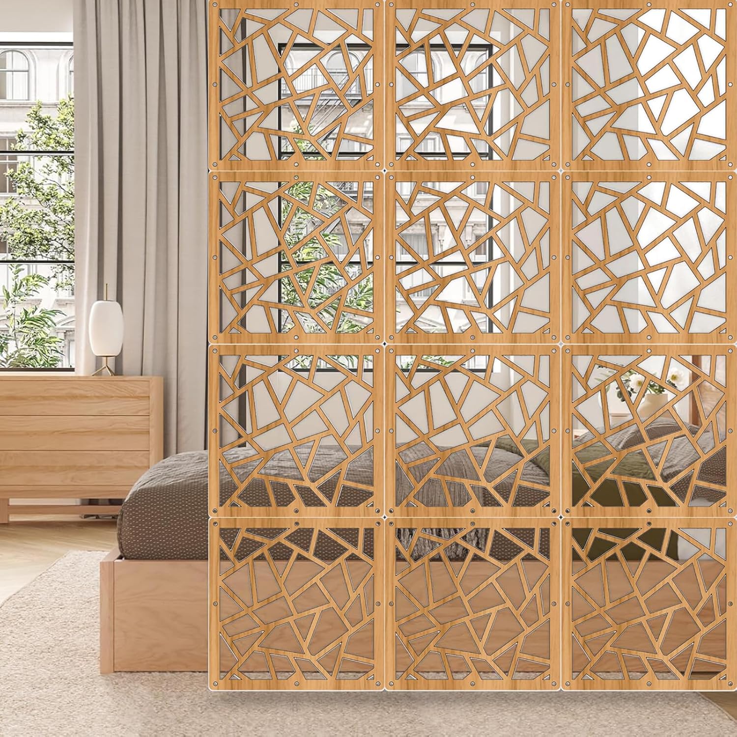 Hanging Room Divider Panel, Hanging Wall Divider Room Partition 28 Pieces Wood-Plastic Panel Screen Home Office Decoration(Natural)