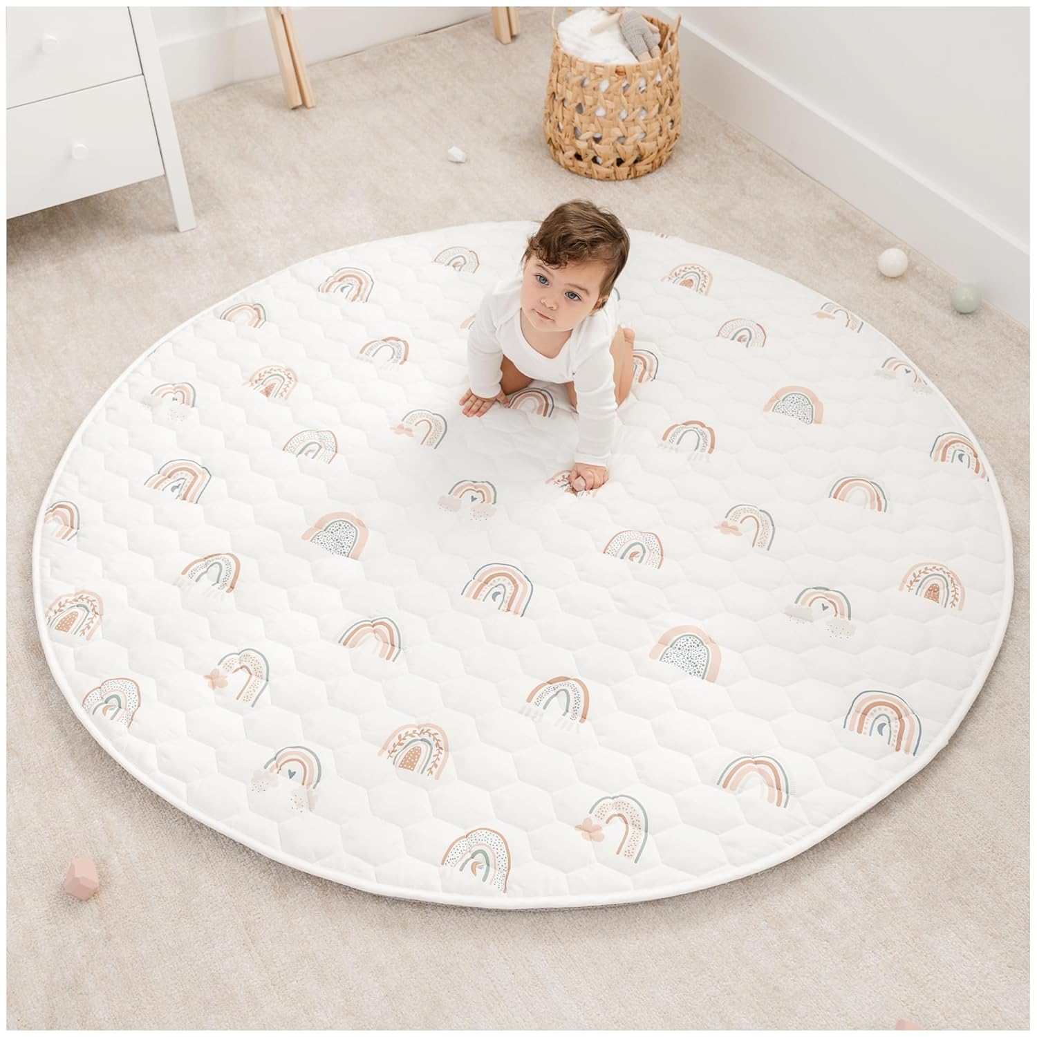 Comfy Cubs Square Kids Play Mat - 56 x 56 inches Soft Quilted Baby Floor Mat with Non-Slip Bottom - Plush Design for Toddlers' Playtime and Relaxation - Comfortable and Durable - Fern