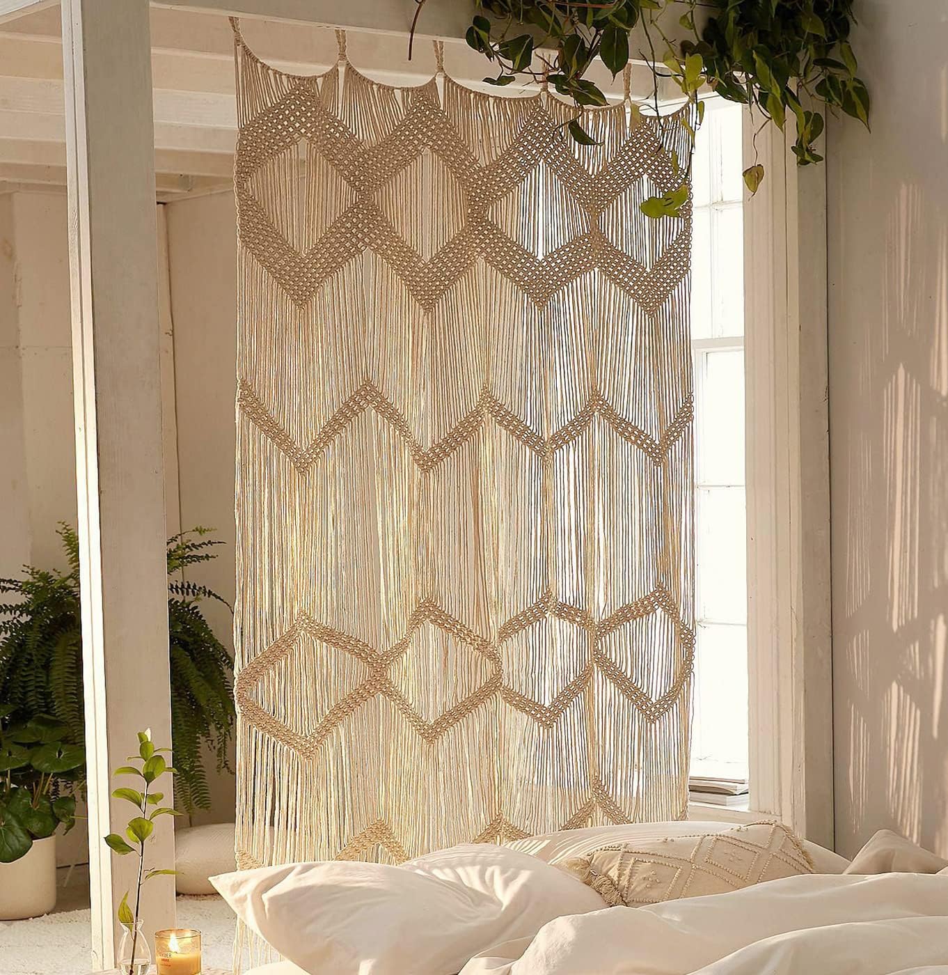 Macrame Curtain Boho Curtain Doorway Window Wall Decor Fiber Yarn Art Handwoven Wall Hanging Art Craftsmanship Home Door Bedroom Wedding Backdrop Arch,Closet Room Divider 59" W x 75" H (1 Panel,Khaki)