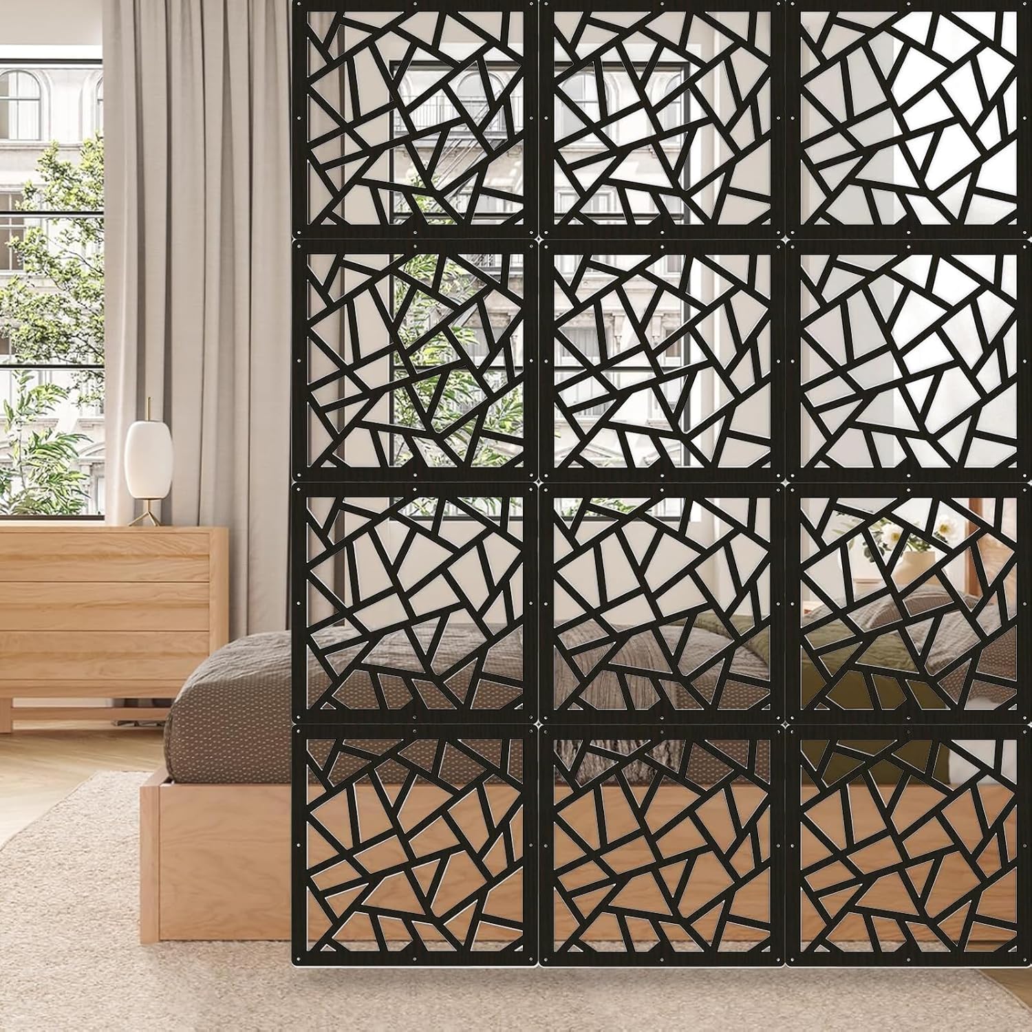 Hanging Room Divider Panel, Hanging Wall Divider Room Partition 28 Pieces Wood-Plastic Panel Screen Home Office Decoration(Natural)