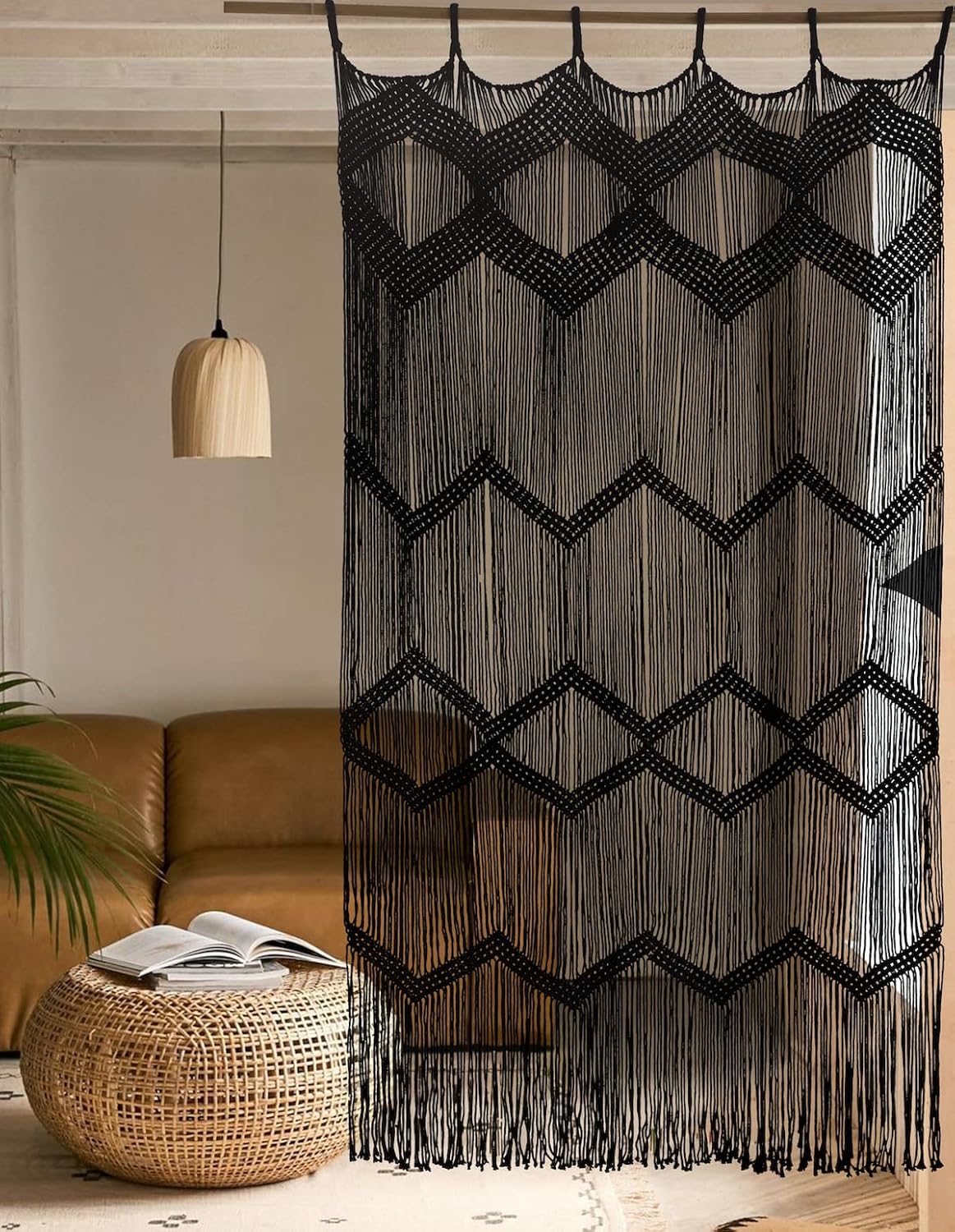 Macrame Curtain Boho Curtain Doorway Window Wall Decor Fiber Yarn Art Handwoven Wall Hanging Art Craftsmanship Home Door Bedroom Wedding Backdrop Arch,Closet Room Divider 59" W x 75" H (1 Panel,Khaki)