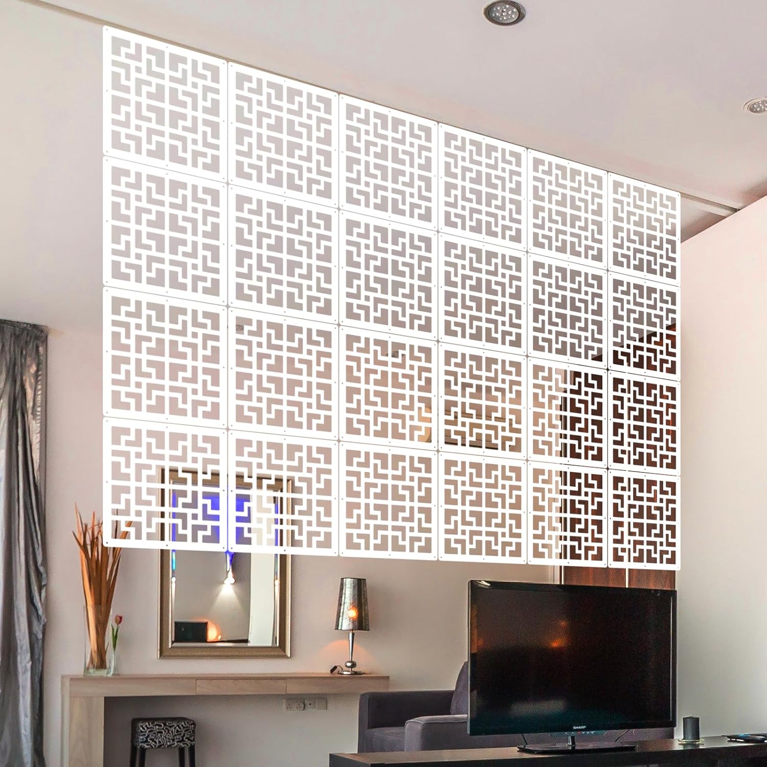 ANMINY 48 PCS Hanging Room Divider Decorative Thick Wall Screen Panels Floral Carving Pattern Hollow Out Design for Bedroom Living Dining Room Kitchen Office Restaurant Home Hotel Decor - White Maze