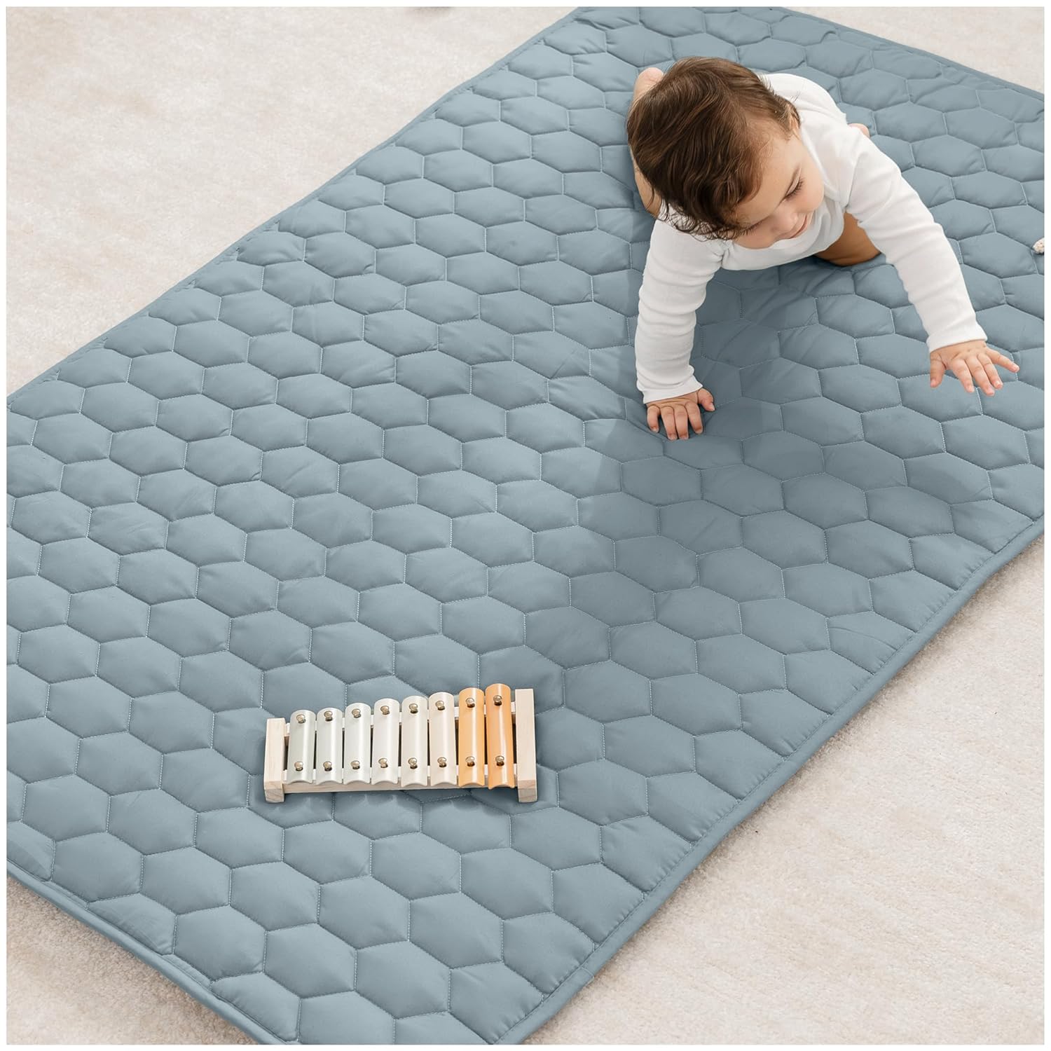 Comfy Cubs Square Kids Play Mat - 56 x 56 inches Soft Quilted Baby Floor Mat with Non-Slip Bottom - Plush Design for Toddlers' Playtime and Relaxation - Comfortable and Durable - Fern