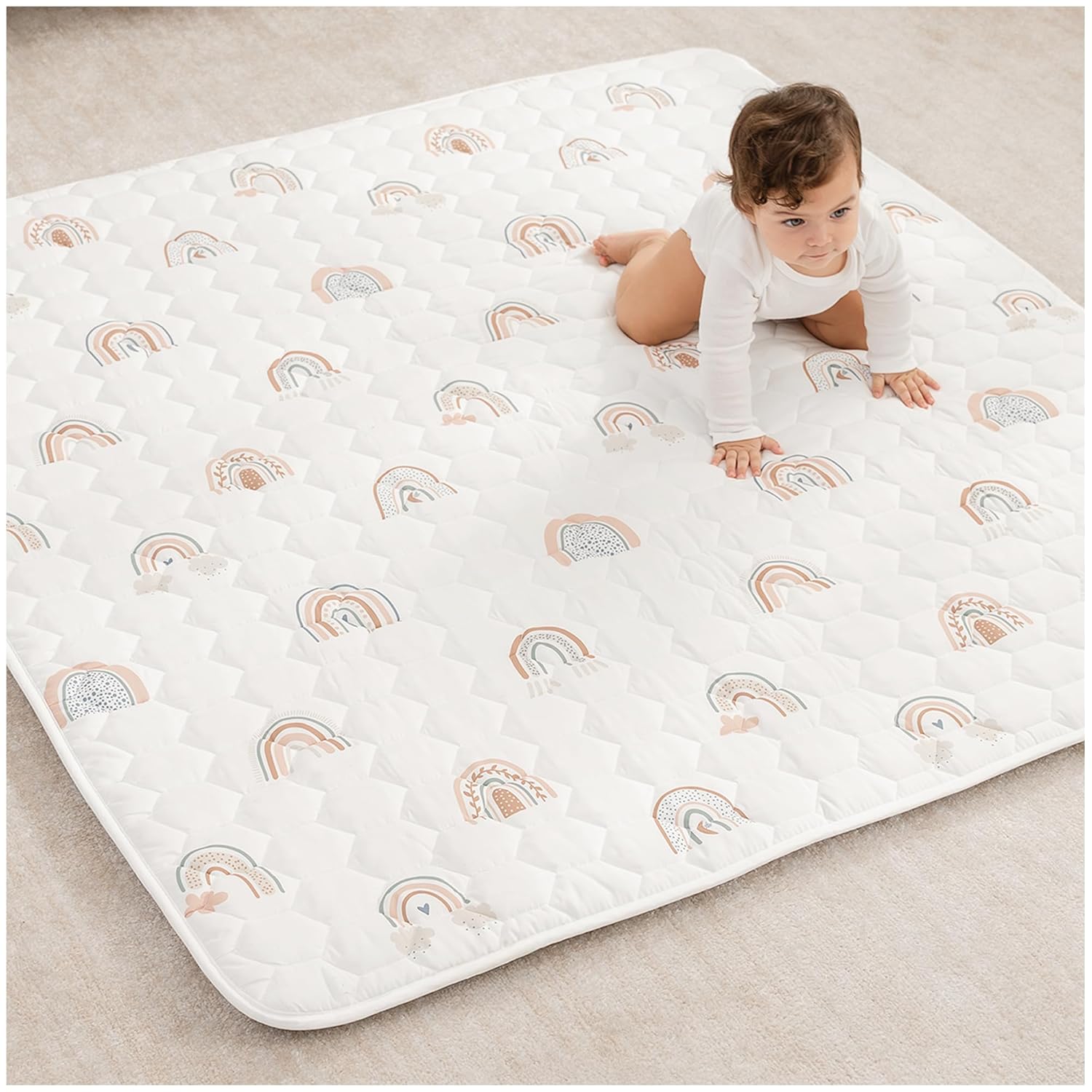 Comfy Cubs Square Kids Play Mat - 56 x 56 inches Soft Quilted Baby Floor Mat with Non-Slip Bottom - Plush Design for Toddlers' Playtime and Relaxation - Comfortable and Durable - Fern
