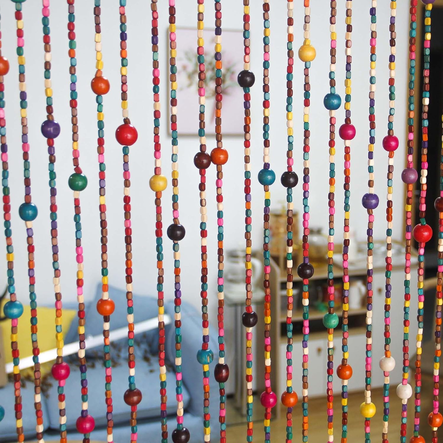 38 Strands Colorful Boho Hippie Door Beads Curtain, Hanging Wood Beaded Curtain for Doorways 36 Inches x 79 Inches (Rainbow)