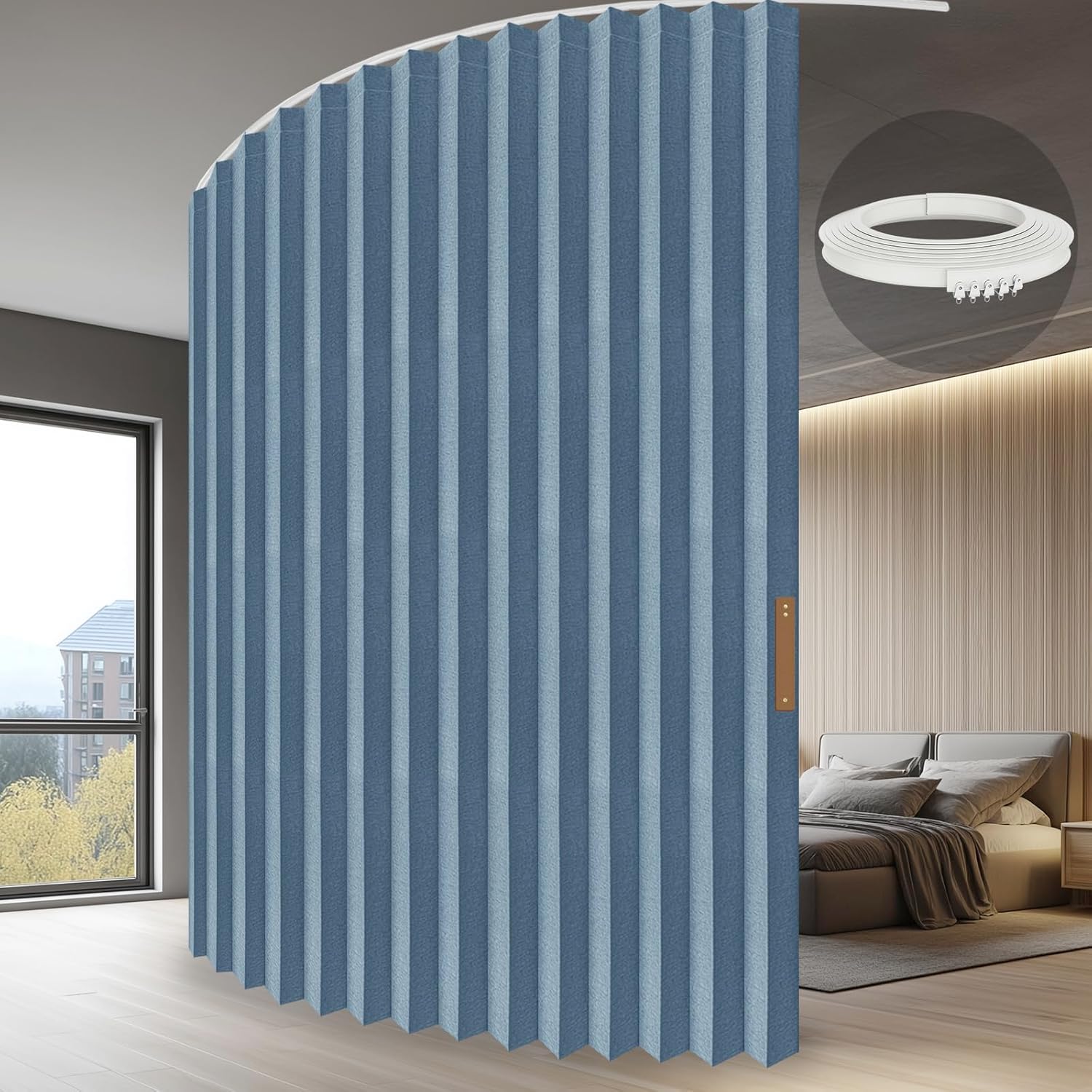 Accordion Folding Room Partition with Ceiling Track - Retractable Room Divider Curtain, Effortless Setup(Beige 100" W x 84" L-Pack of 1)