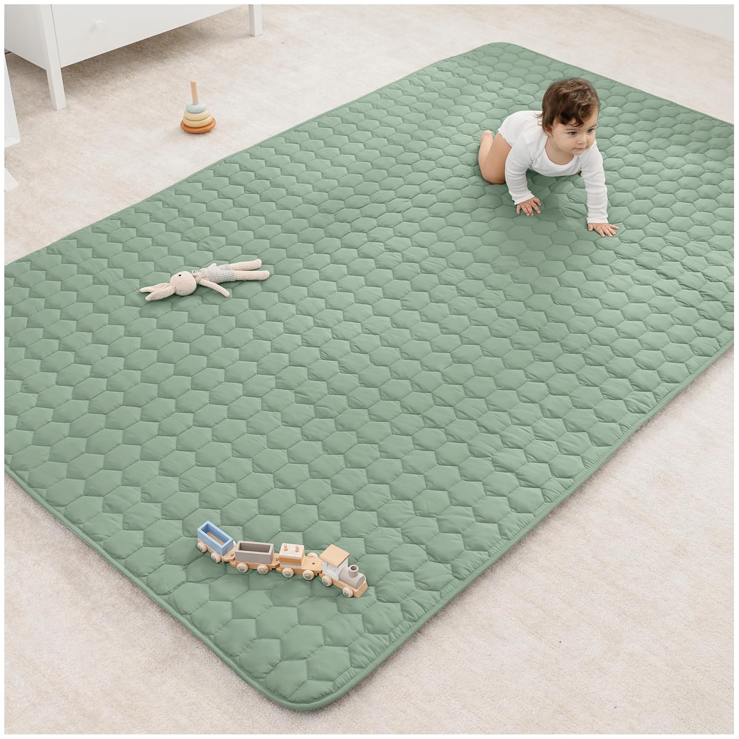 Comfy Cubs Square Kids Play Mat - 56 x 56 inches Soft Quilted Baby Floor Mat with Non-Slip Bottom - Plush Design for Toddlers' Playtime and Relaxation - Comfortable and Durable - Fern