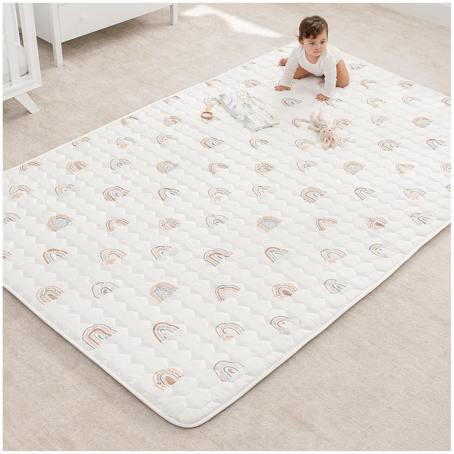 Comfy Cubs Square Kids Play Mat - 56 x 56 inches Soft Quilted Baby Floor Mat with Non-Slip Bottom - Plush Design for Toddlers' Playtime and Relaxation - Comfortable and Durable - Fern