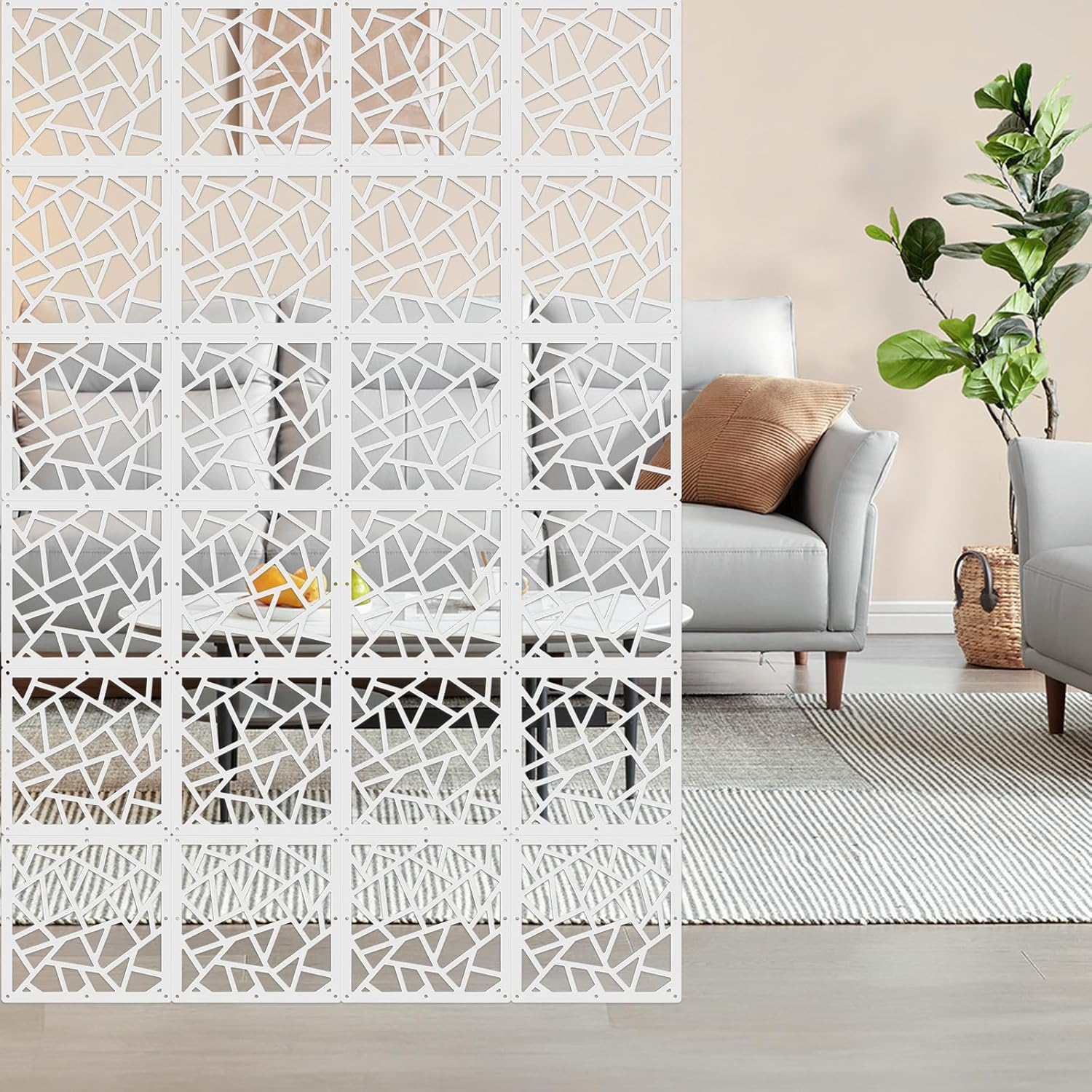ANMINY 48 PCS Hanging Room Divider Decorative Thick Wall Screen Panels Floral Carving Pattern Hollow Out Design for Bedroom Living Dining Room Kitchen Office Restaurant Home Hotel Decor - White Maze