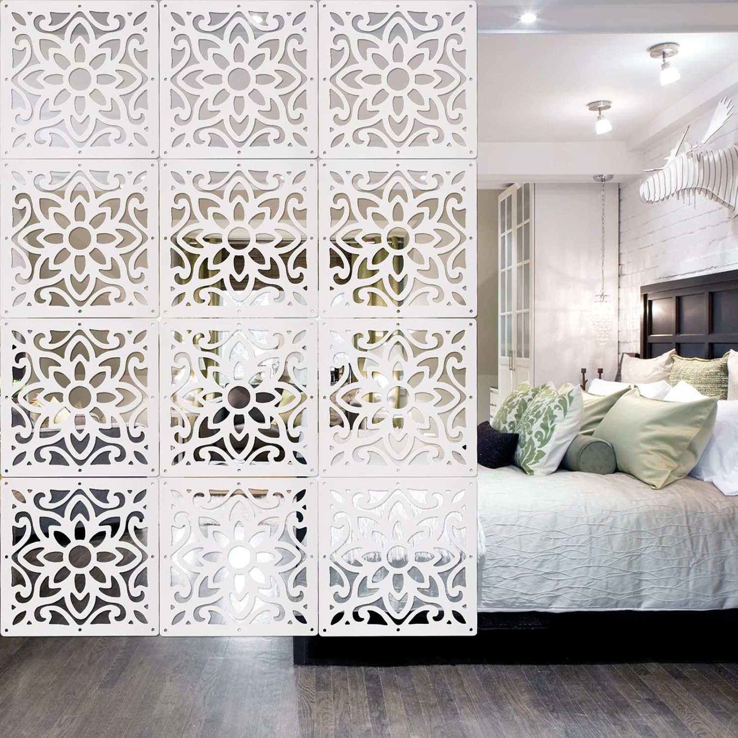 ANMINY 48 PCS Hanging Room Divider Decorative Thick Wall Screen Panels Floral Carving Pattern Hollow Out Design for Bedroom Living Dining Room Kitchen Office Restaurant Home Hotel Decor - White Maze