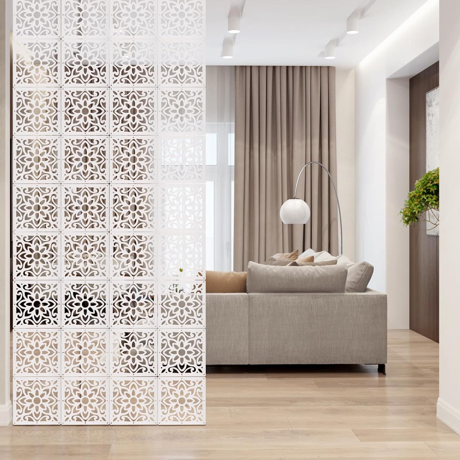 ANMINY 48 PCS Hanging Room Divider Decorative Thick Wall Screen Panels Floral Carving Pattern Hollow Out Design for Bedroom Living Dining Room Kitchen Office Restaurant Home Hotel Decor - White Maze
