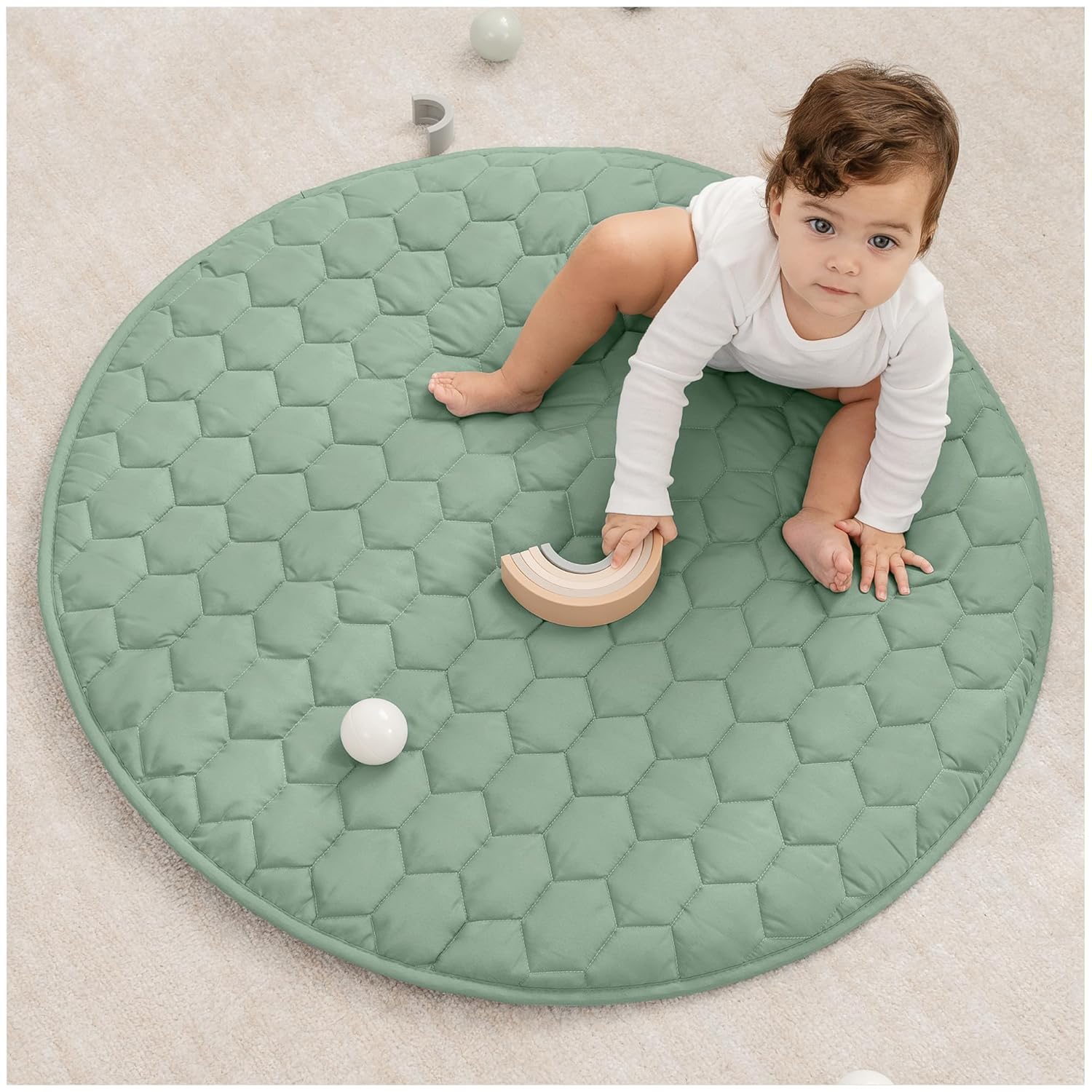 Comfy Cubs Square Kids Play Mat - 56 x 56 inches Soft Quilted Baby Floor Mat with Non-Slip Bottom - Plush Design for Toddlers' Playtime and Relaxation - Comfortable and Durable - Fern