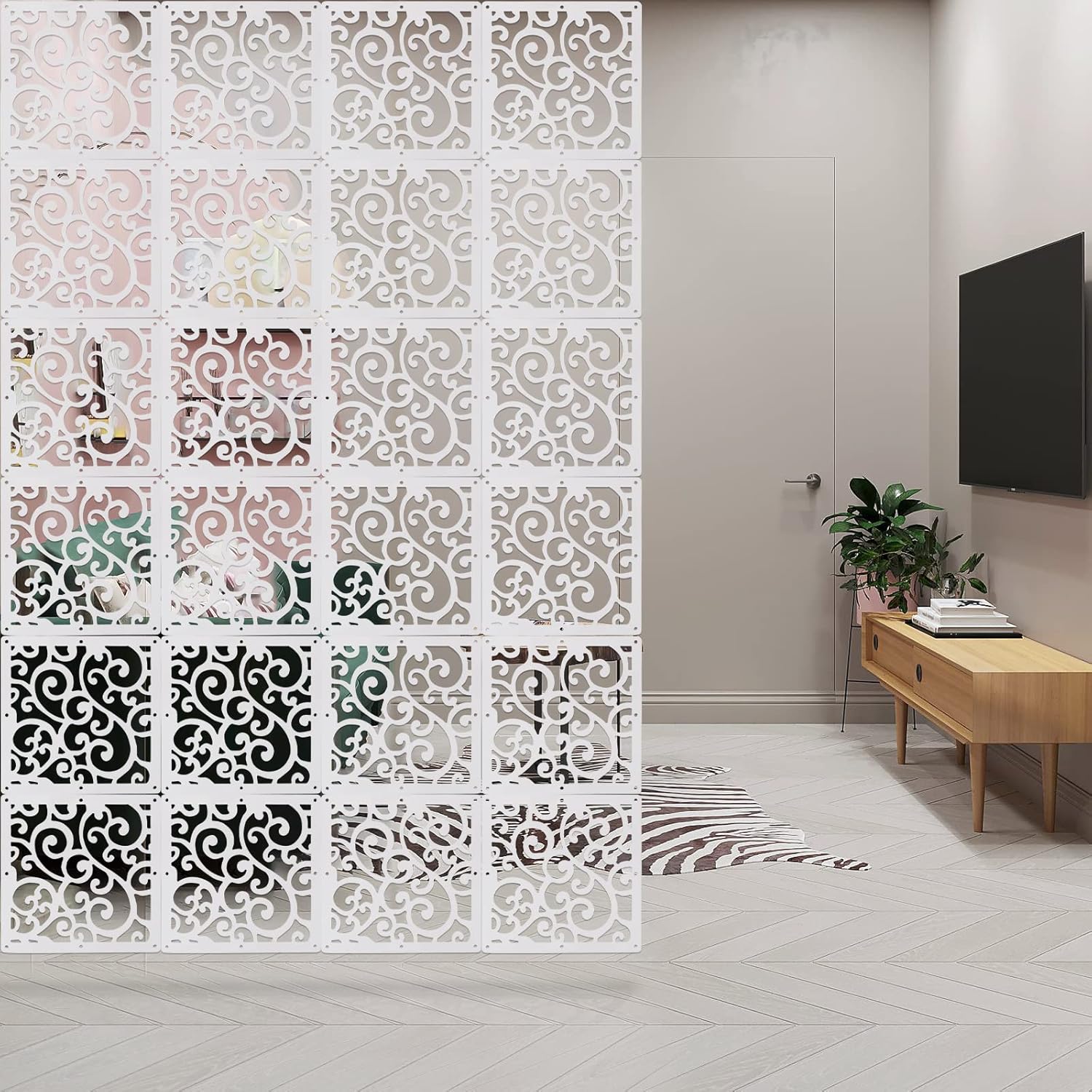 ANMINY 48 PCS Hanging Room Divider Decorative Thick Wall Screen Panels Floral Carving Pattern Hollow Out Design for Bedroom Living Dining Room Kitchen Office Restaurant Home Hotel Decor - White Maze