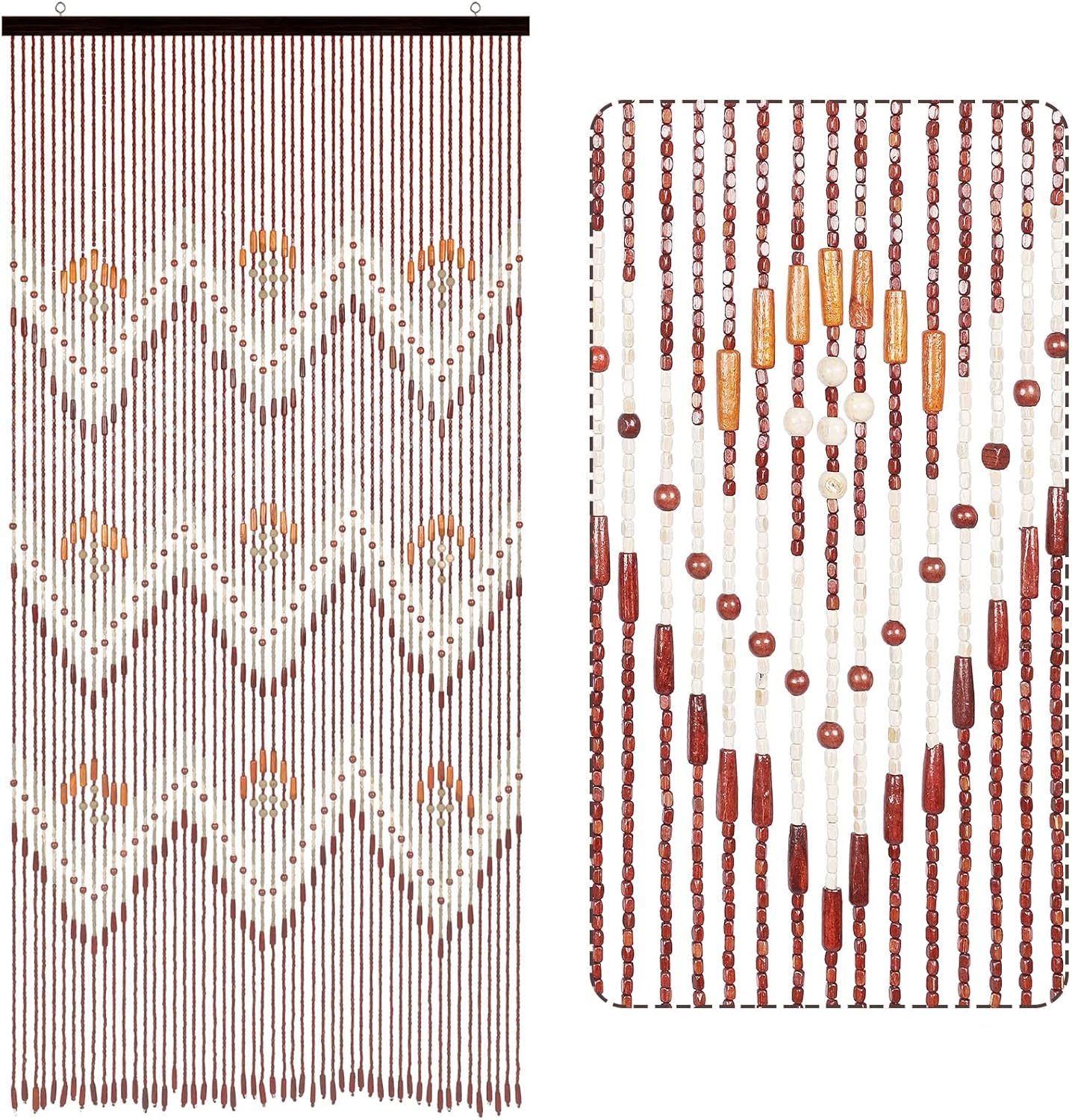 Boho Bamboo Beaded Curtain 35.5 x 75 Inches 52 Strands Handmade Hanging Wooden Door Beads Hippie Curtains Room Divider for Doorway Window Home Decor, Brown