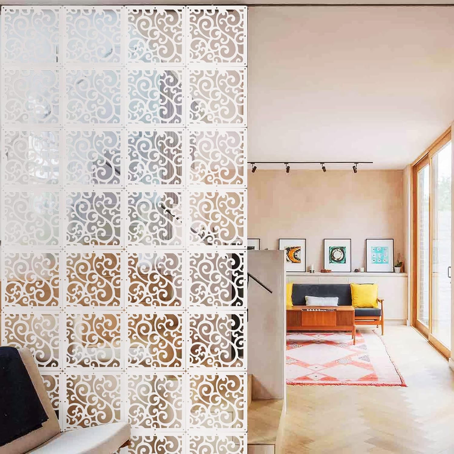 ANMINY 48 PCS Hanging Room Divider Decorative Thick Wall Screen Panels Floral Carving Pattern Hollow Out Design for Bedroom Living Dining Room Kitchen Office Restaurant Home Hotel Decor - White Maze